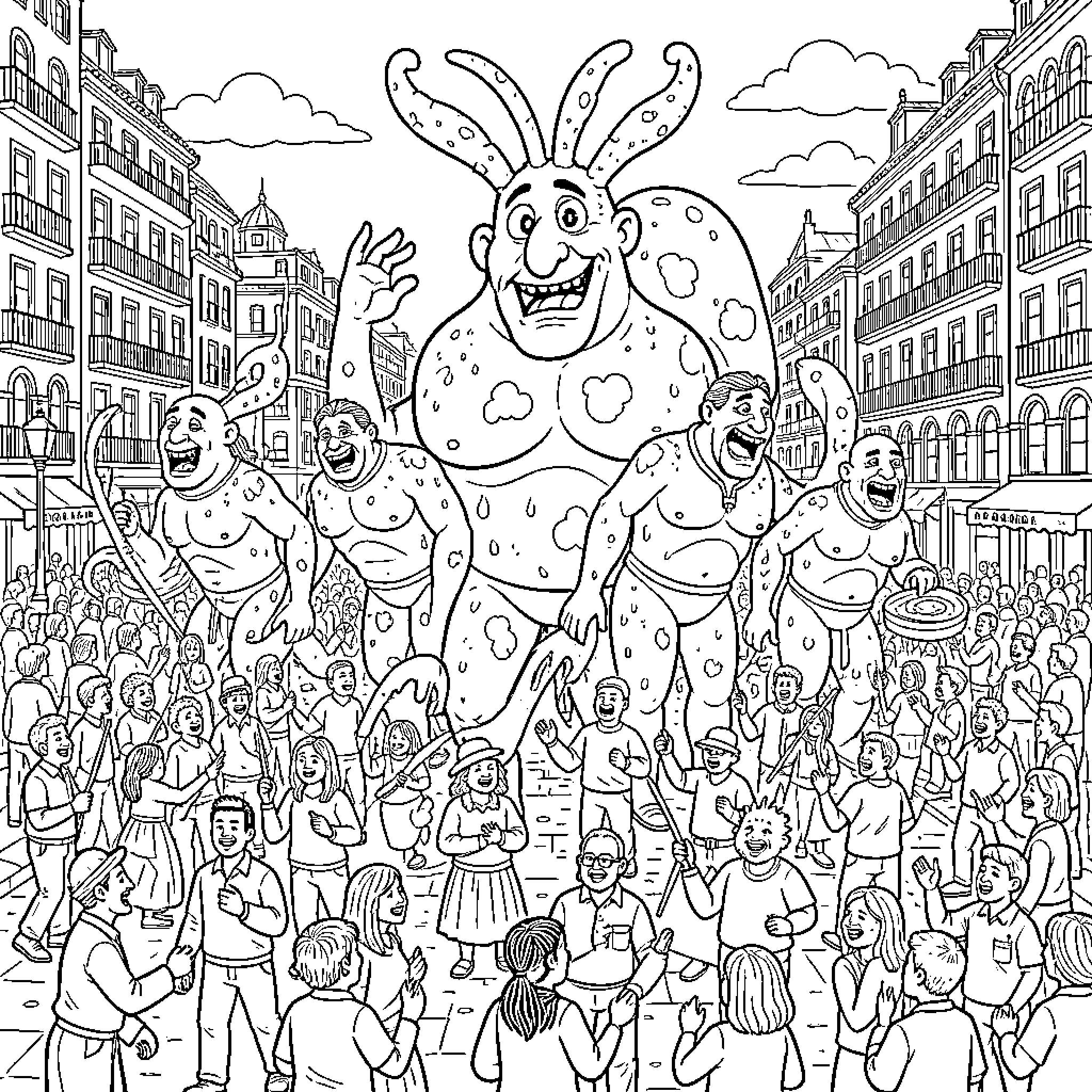 Gegant figures in a joyful crowd celebration Coloring Page (free black-and-white line drawing printable PDF for all, from beginners to advanced learners, including children, teens, adults, and seniors)