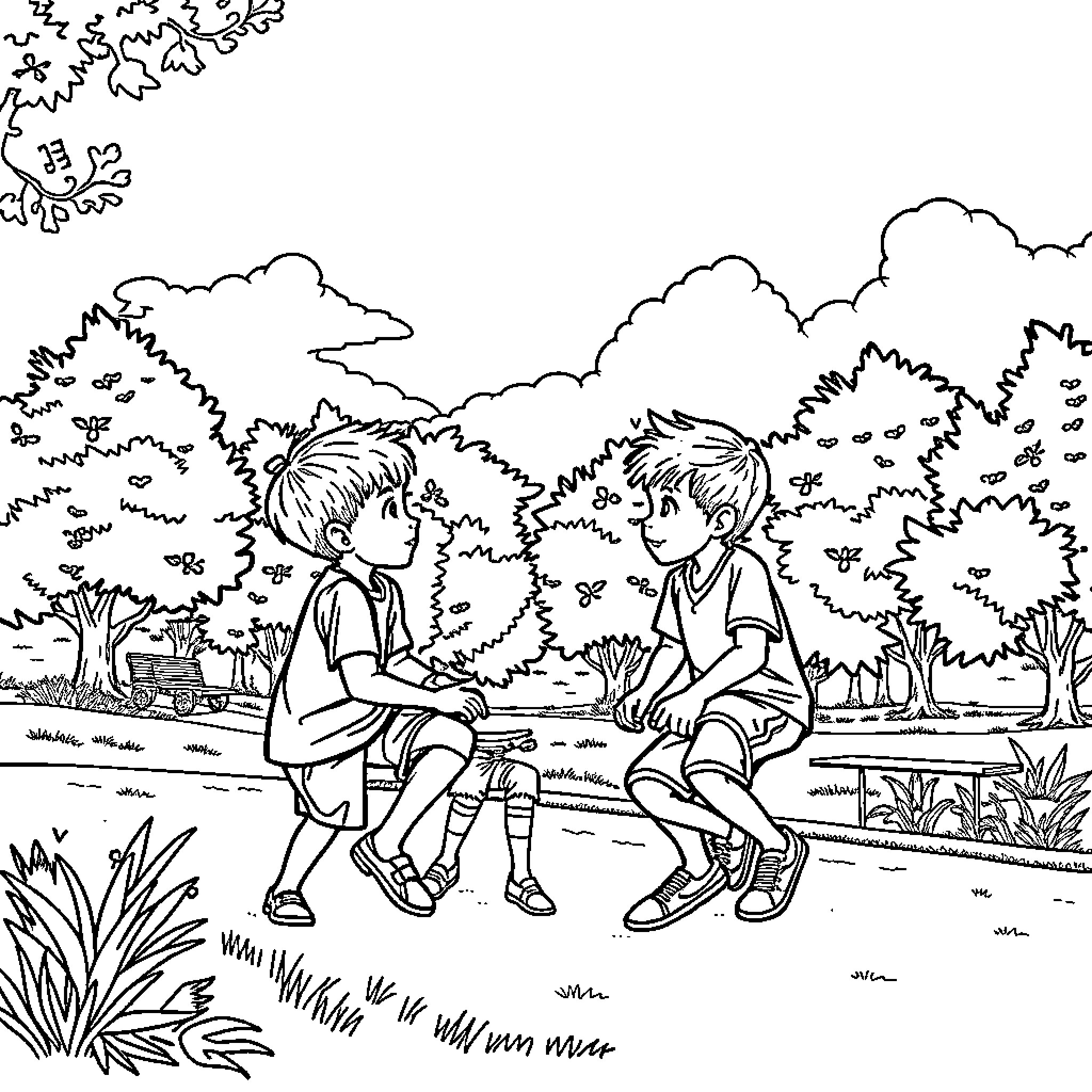 Boys playing together outdoors in nature Coloring Page (free black-and-white line drawing printable PDF for all, from beginners to advanced learners, including children, teens, adults, and seniors)