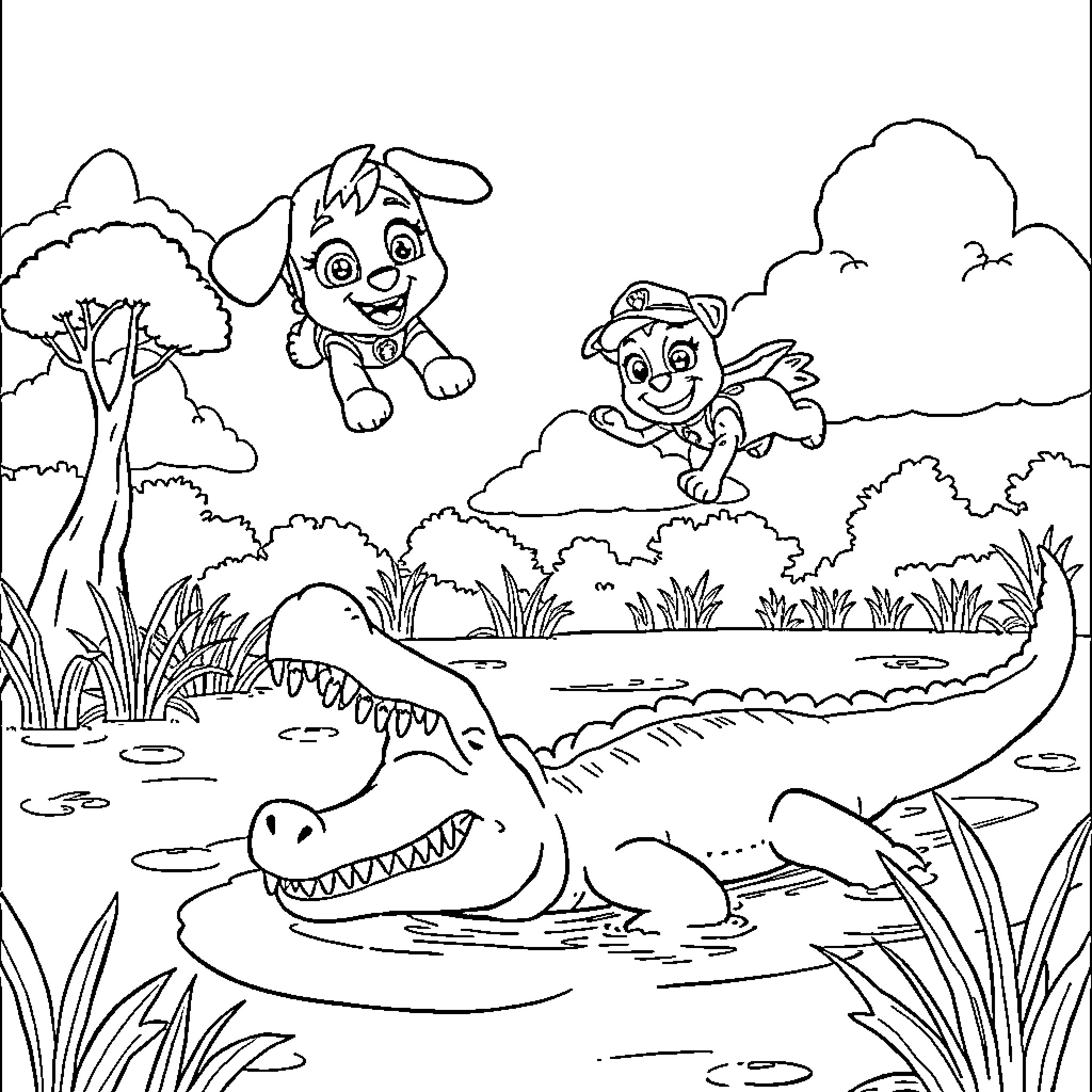 Skye's Adventure in the Vibrant Outdoor Landscape Coloring Page (free black-and-white line drawing printable PDF for all, from beginners to advanced learners, including children, teens, adults, and seniors)