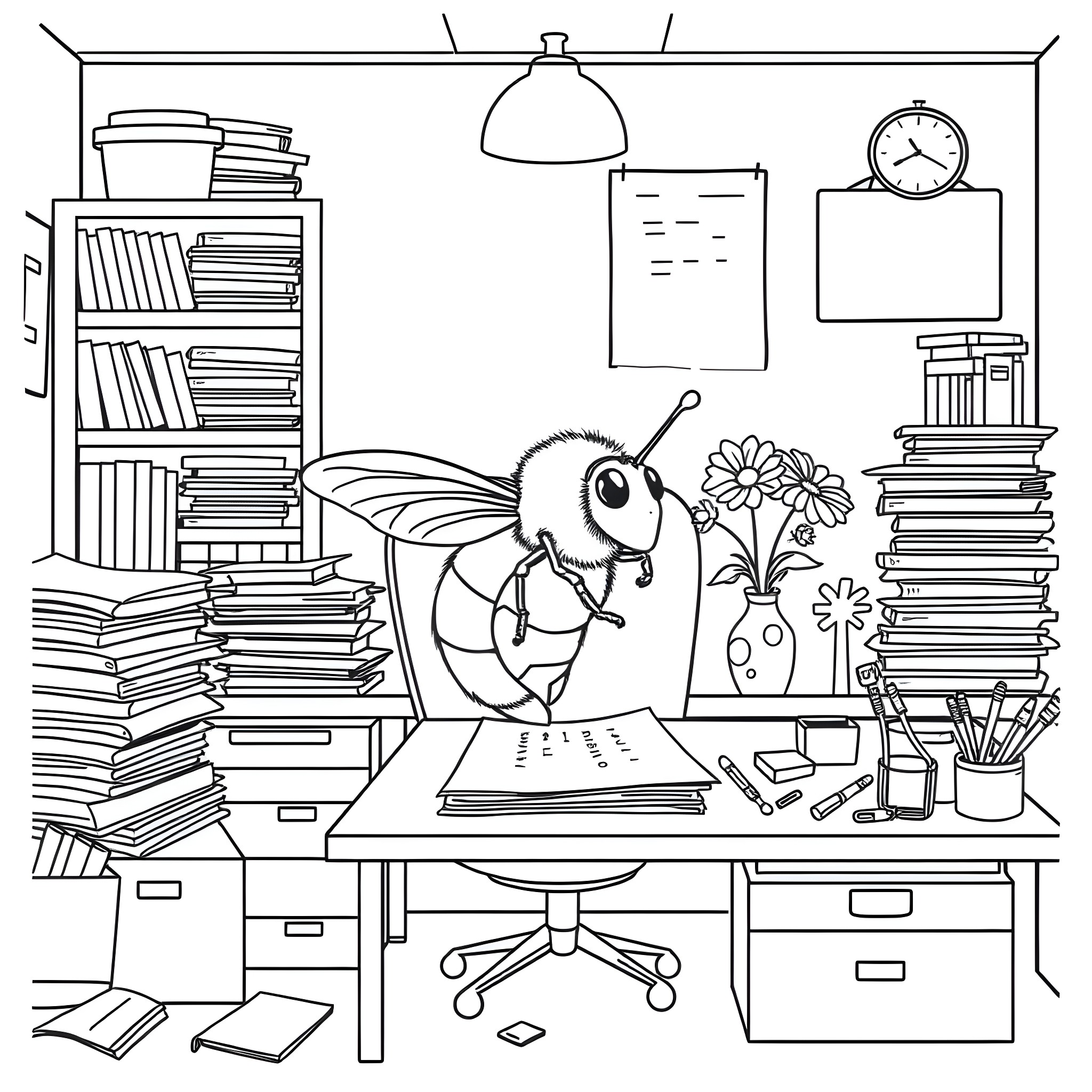 Honeybee working diligently in the office Coloring Page (free black-and-white line drawing printable PDF for all, from beginners to advanced learners, including children, teens, adults, and seniors)