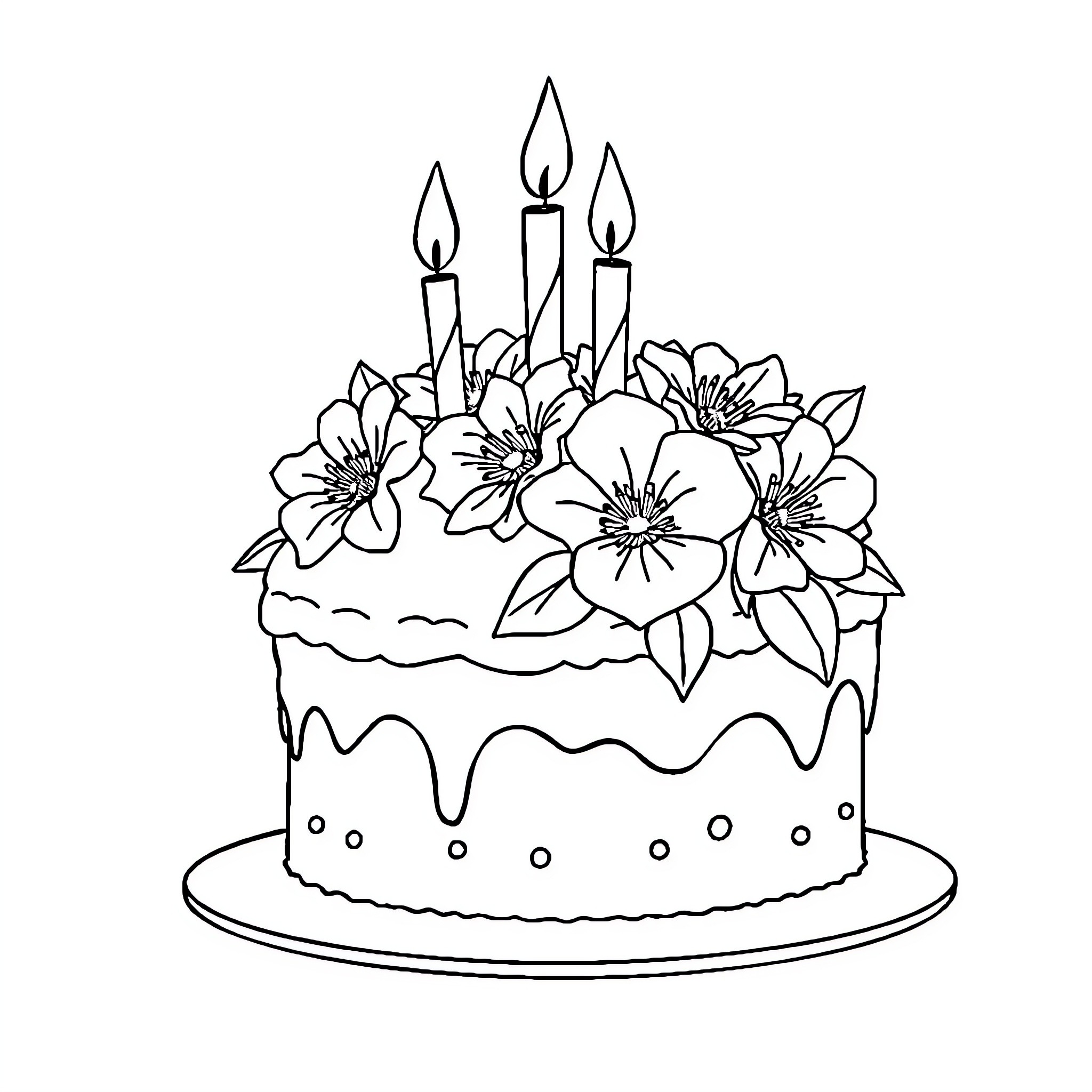 Birthday Cake with Floral Decorations Coloring Page (free black-and-white line drawing printable PDF for all, from beginners to advanced learners, including children, teens, adults, and seniors)
