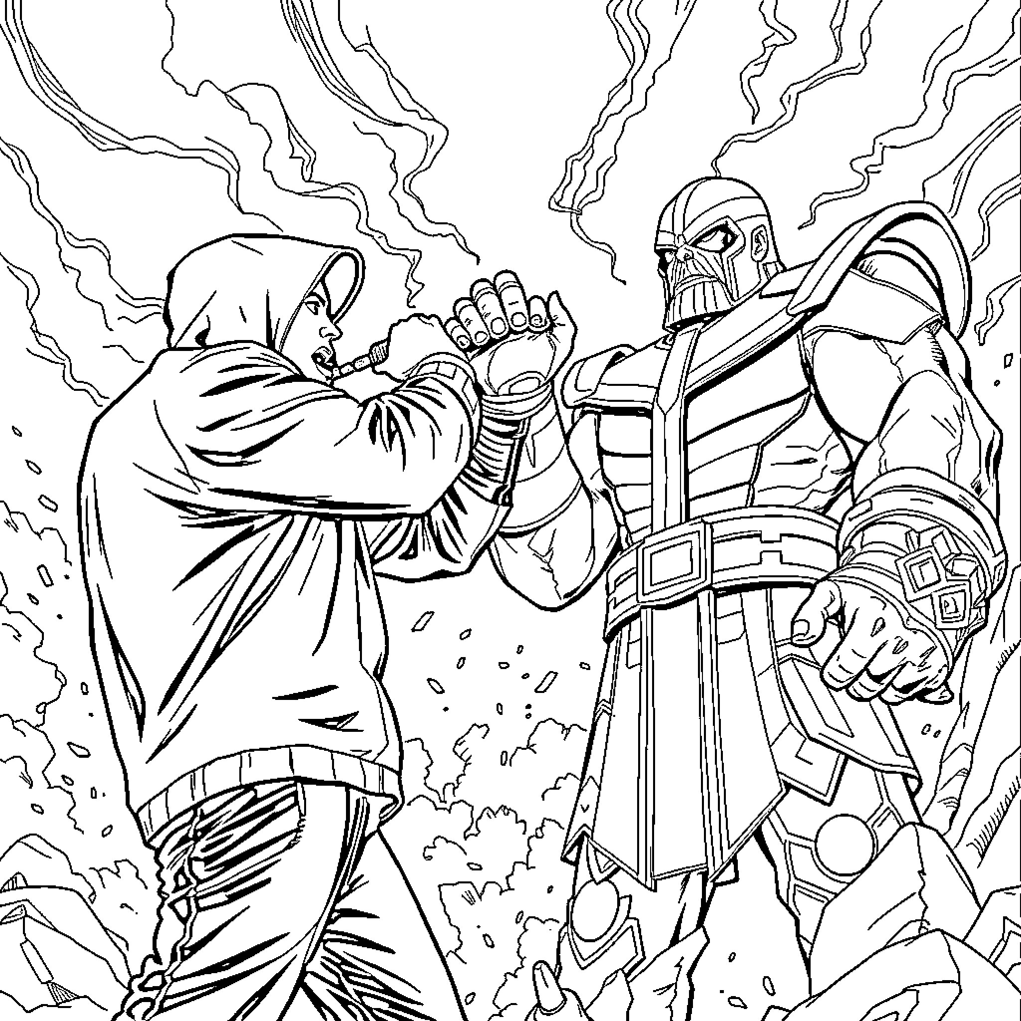 Eminem Confronting Powerful Villain in Epic Showdown Coloring Page (free black-and-white line drawing printable PDF for all, from beginners to advanced learners, including children, teens, adults, and seniors)