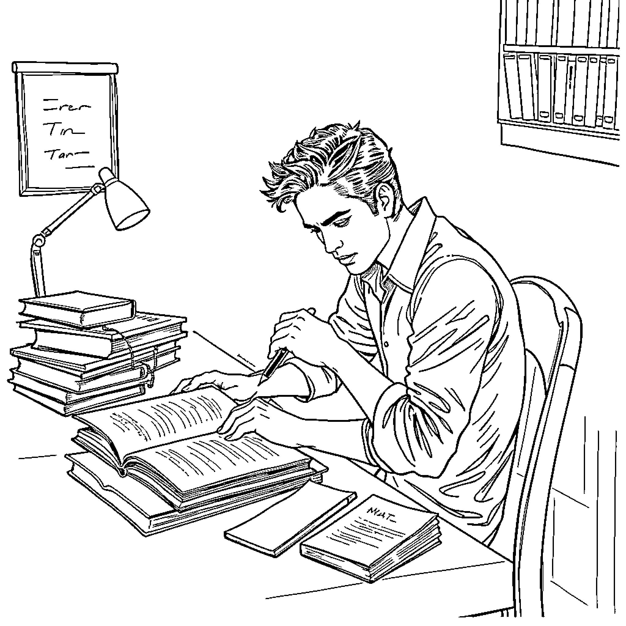 Edward Cullen Studying Intently at His Desk Coloring Page (free black-and-white line drawing printable PDF for all, from beginners to advanced learners, including children, teens, adults, and seniors)