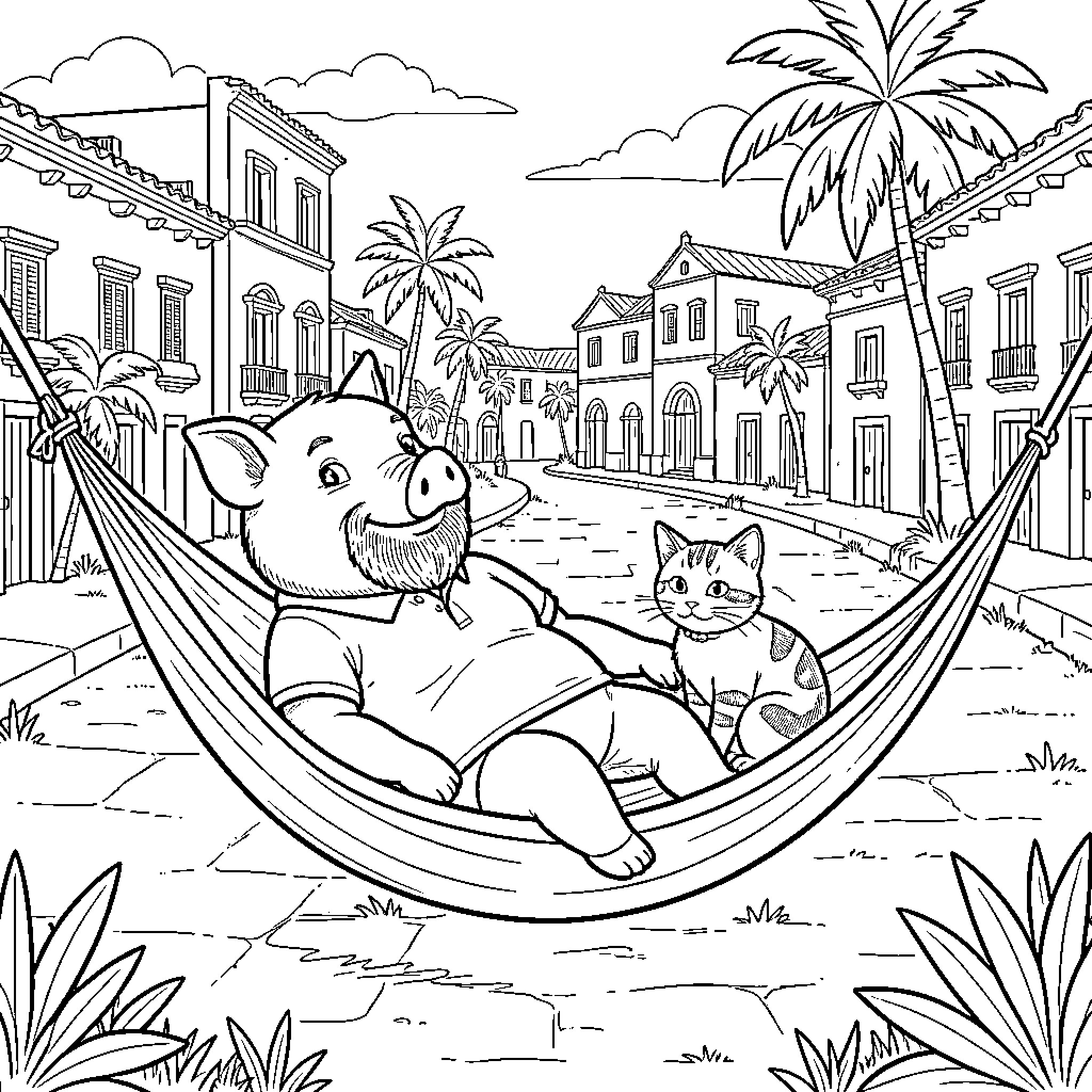 Cerdo relaxing in hammock with cat on tropical street Coloring Page (free black-and-white line drawing printable PDF for all, from beginners to advanced learners, including children, teens, adults, and seniors)