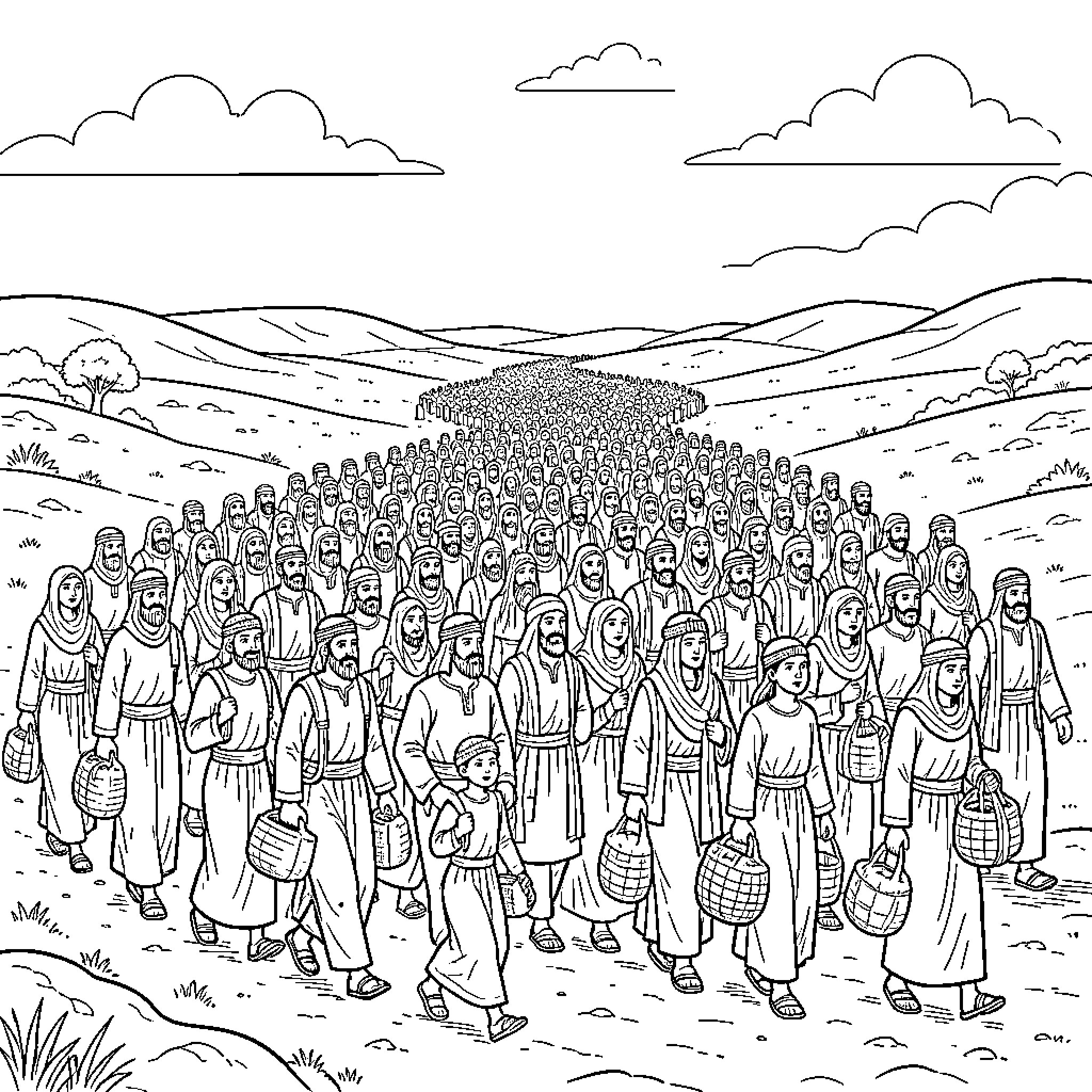 Crowd of people walking in a rural landscape Coloring Page (free black-and-white line drawing printable PDF for all, from beginners to advanced learners, including children, teens, adults, and seniors)