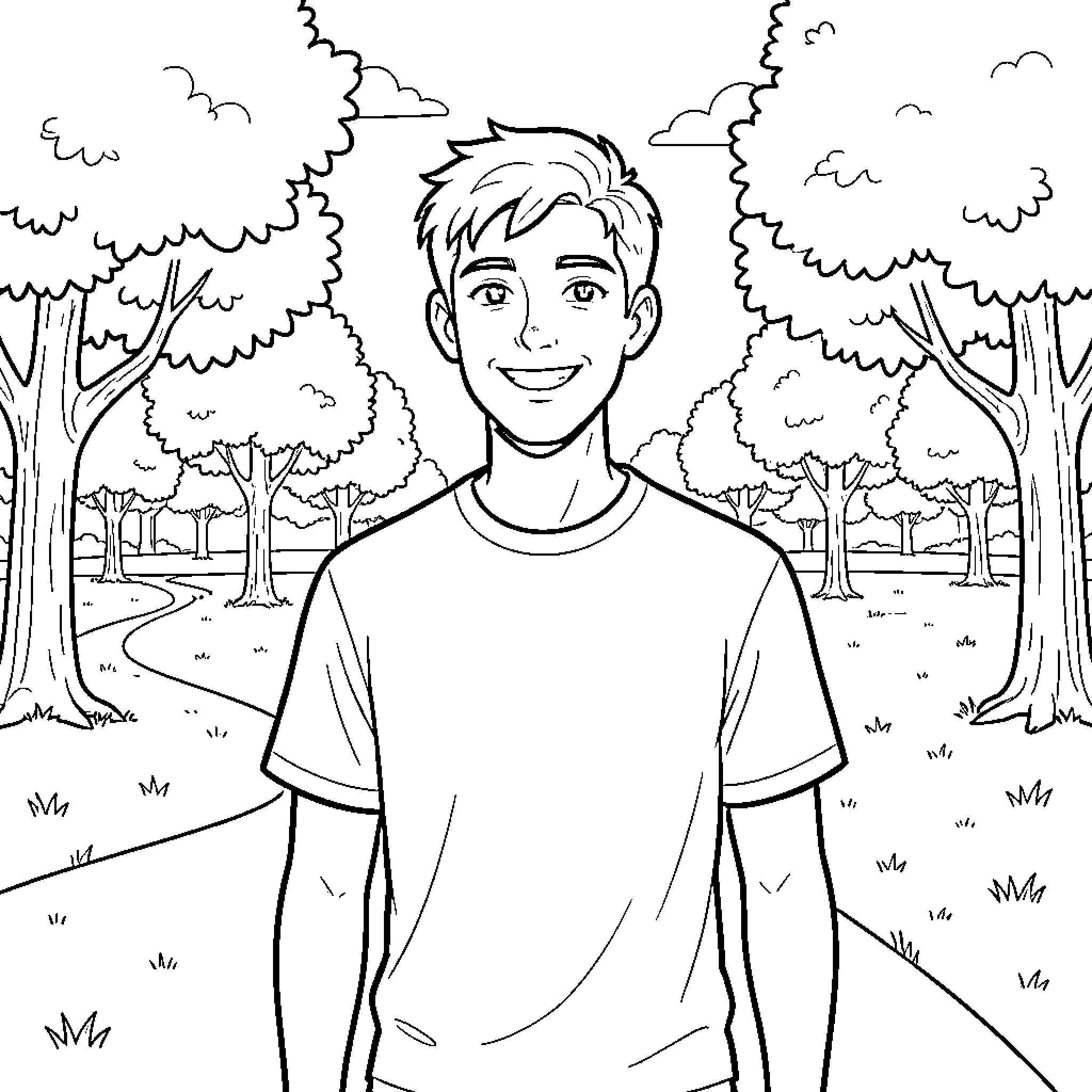 Tom smiling while standing on a park path Coloring Page (free black-and-white line drawing printable PDF for all, from beginners to advanced learners, including children, teens, adults, and seniors)
