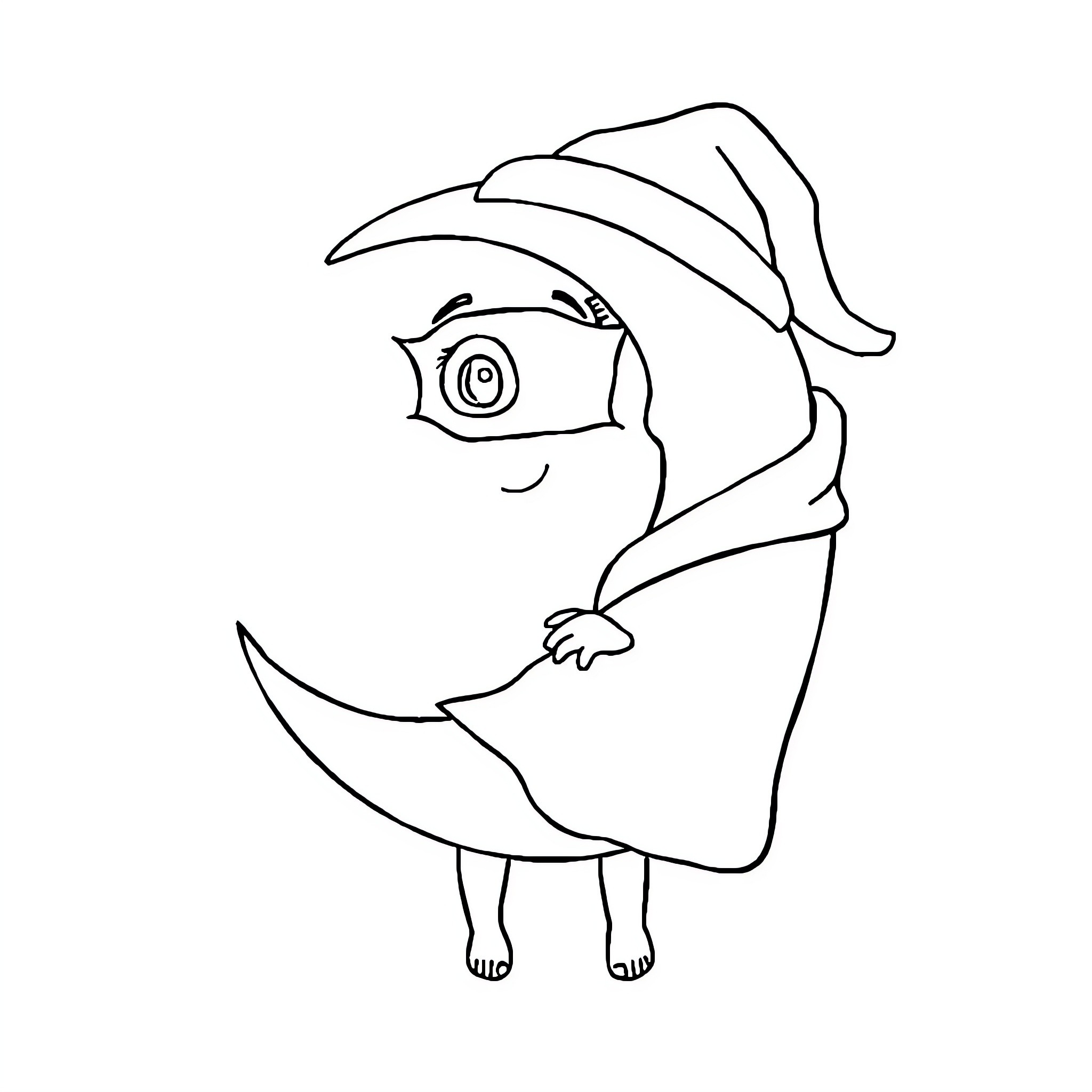 Moon peeking out from behind a hat Coloring Page (free black-and-white line drawing printable PDF for all, from beginners to advanced learners, including children, teens, adults, and seniors)