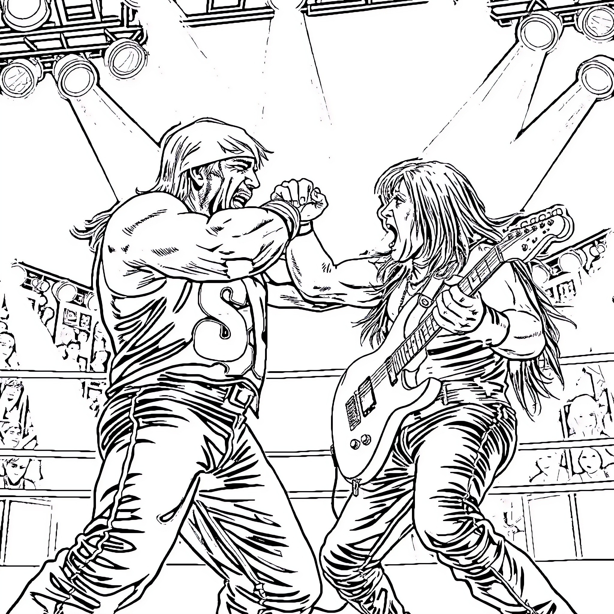 Hulk Hogan and guitarist performing on stage Coloring Page (free black-and-white line drawing printable PDF for all, from beginners to advanced learners, including children, teens, adults, and seniors)