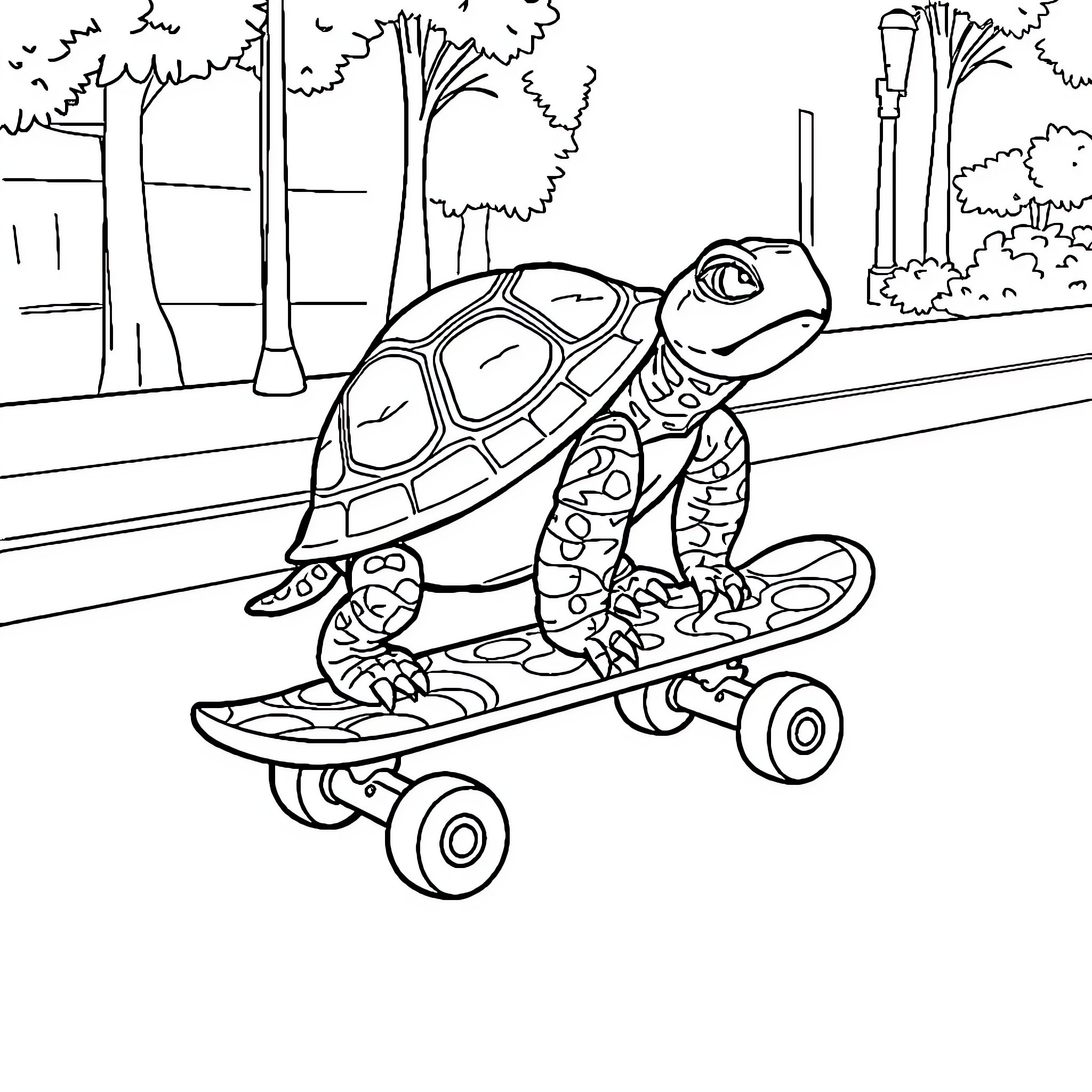 Turtle riding a skateboard in the park Coloring Page (free black-and-white line drawing printable PDF for all, from beginners to advanced learners, including children, teens, adults, and seniors)