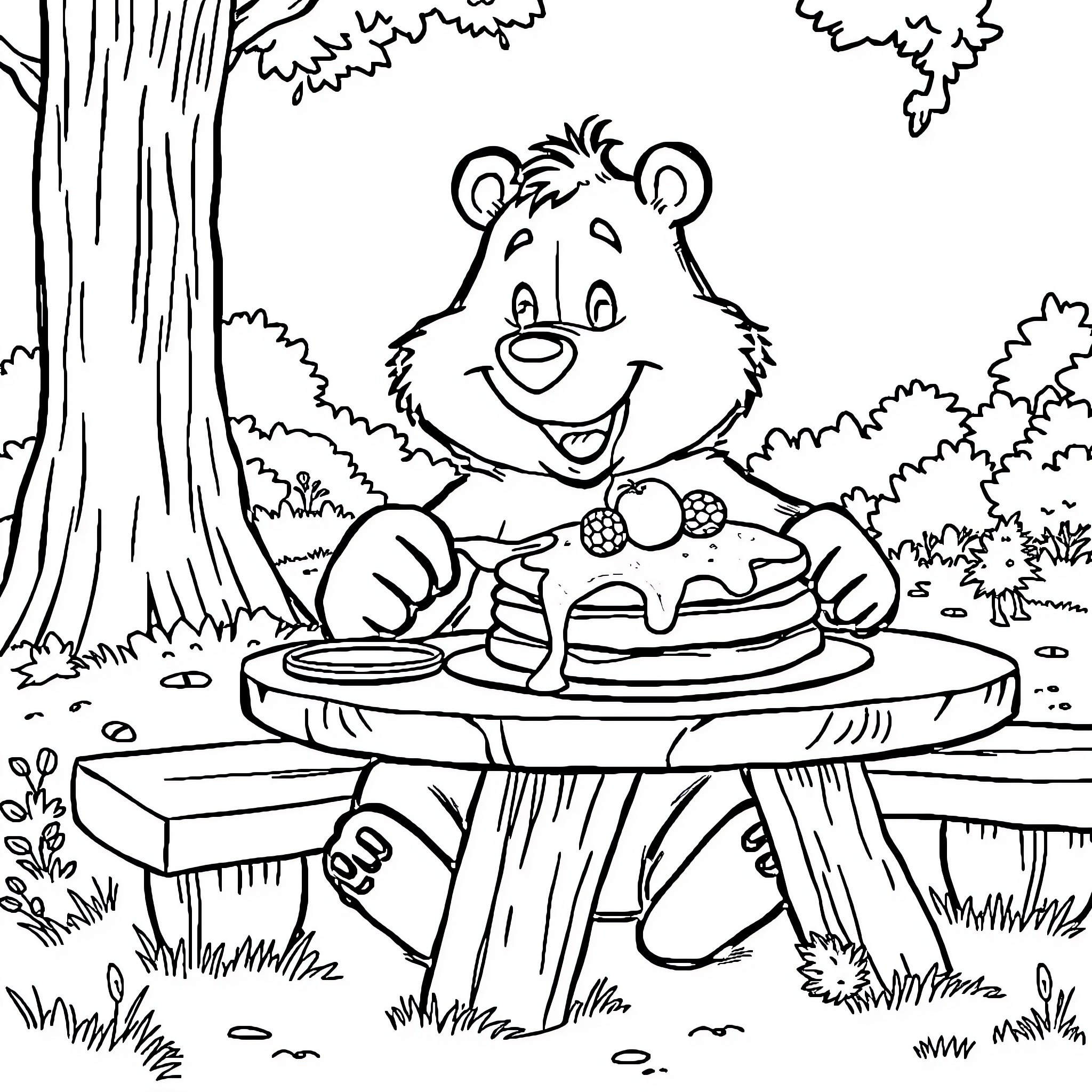 Yogi Bear enjoying a picnic in the forest Coloring Page (free black-and-white line drawing printable PDF for all, from beginners to advanced learners, including children, teens, adults, and seniors)
