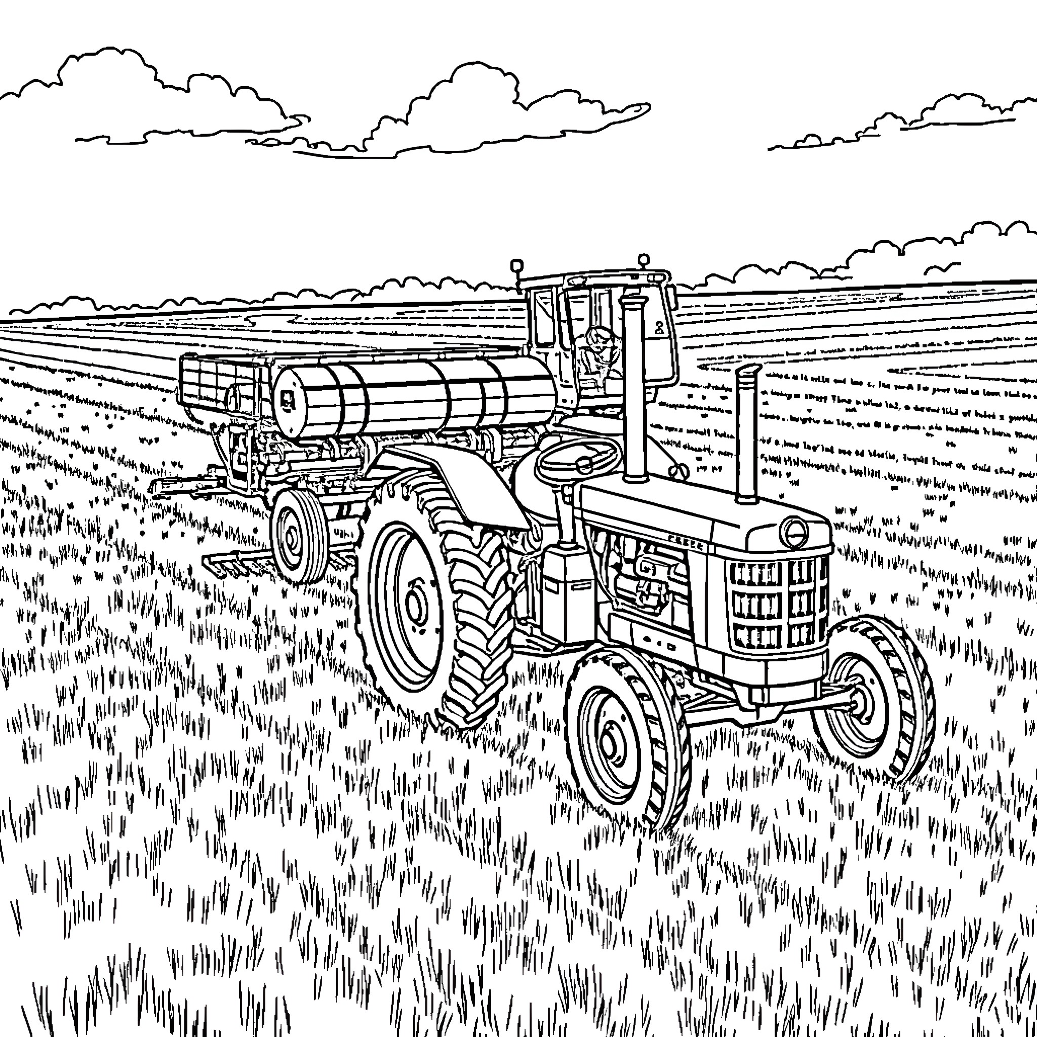 Tractor transporting large equipment through rural landscape Coloring Page (free black-and-white line drawing printable PDF for all, from beginners to advanced learners, including children, teens, adults, and seniors)