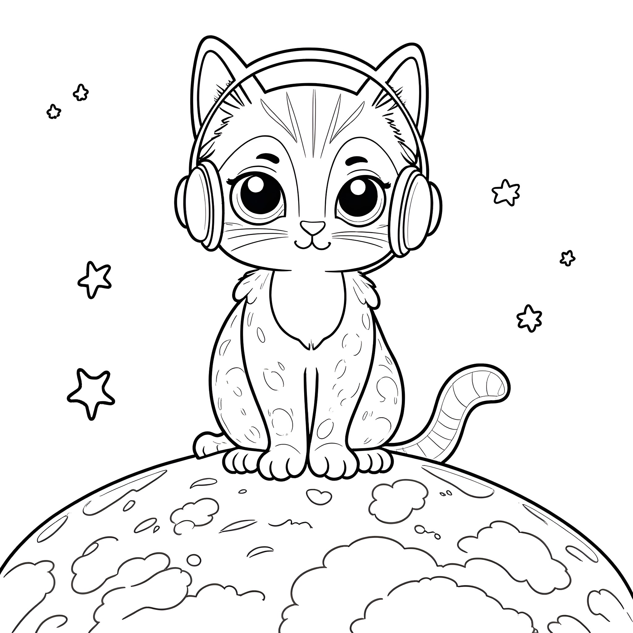 Cat listening to music in space Coloring Page (free black-and-white line drawing printable PDF for all, from beginners to advanced learners, including children, teens, adults, and seniors)