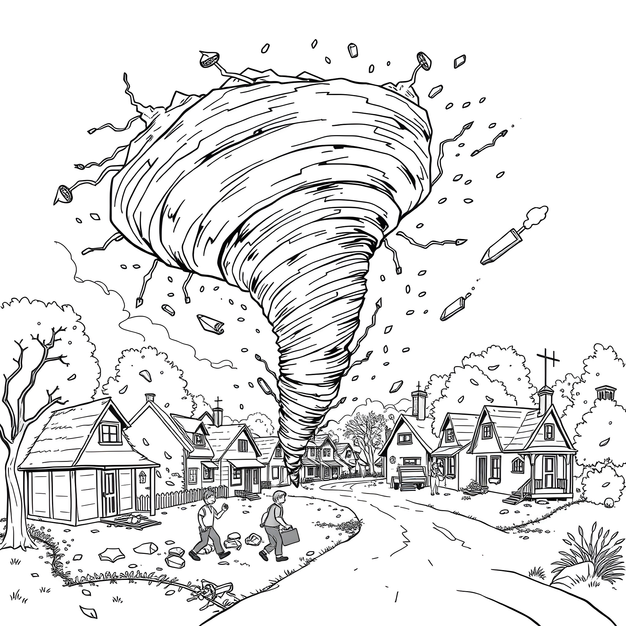 Tornado strikes suburban neighborhood Coloring Page (free black-and-white line drawing printable PDF for all, from beginners to advanced learners, including children, teens, adults, and seniors)