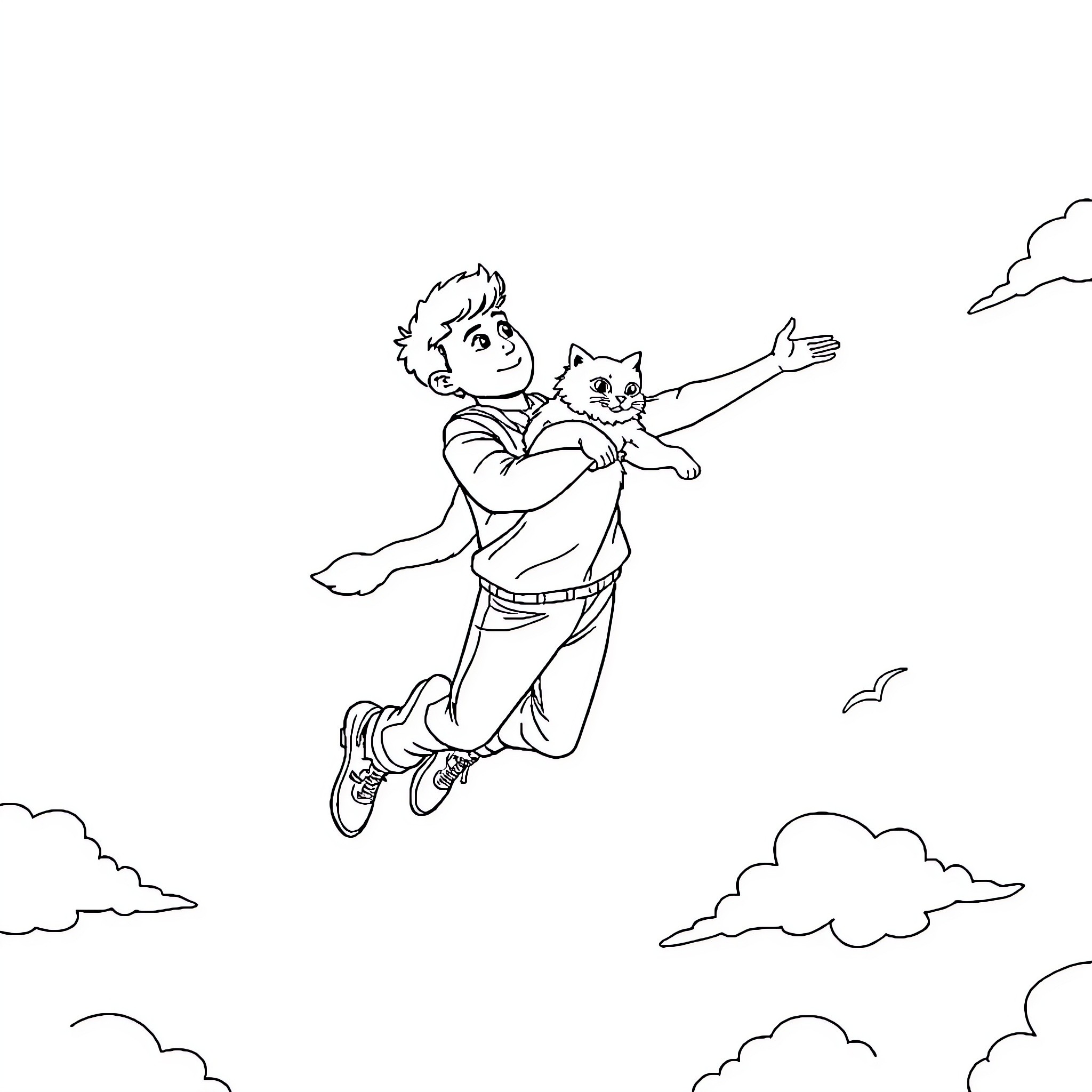 Man flying through the sky with a cat Coloring Page (free black-and-white line drawing printable PDF for all, from beginners to advanced learners, including children, teens, adults, and seniors)
