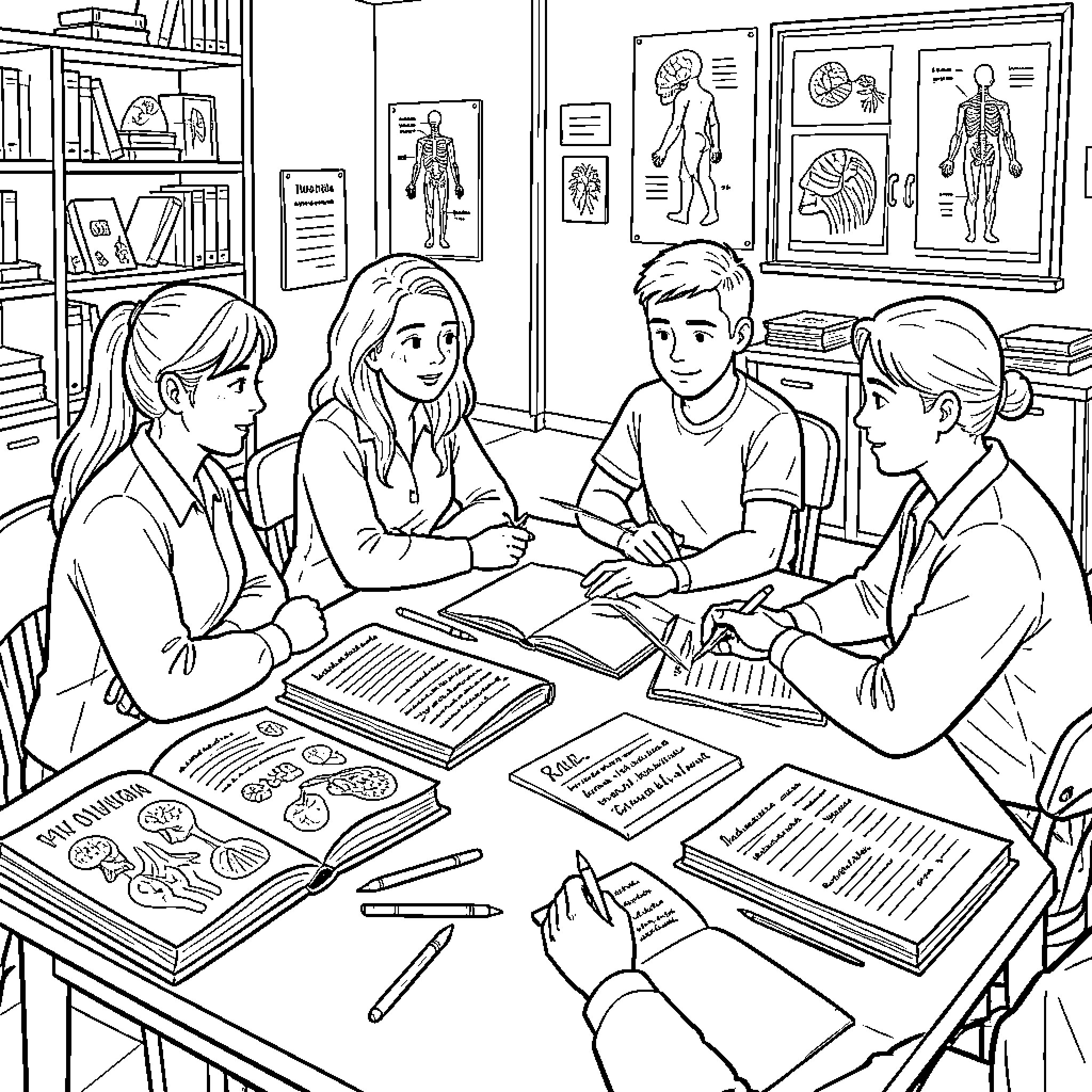 A&P Students studying biology together at a desk Coloring Page (free black-and-white line drawing printable PDF for all, from beginners to advanced learners, including children, teens, adults, and seniors)