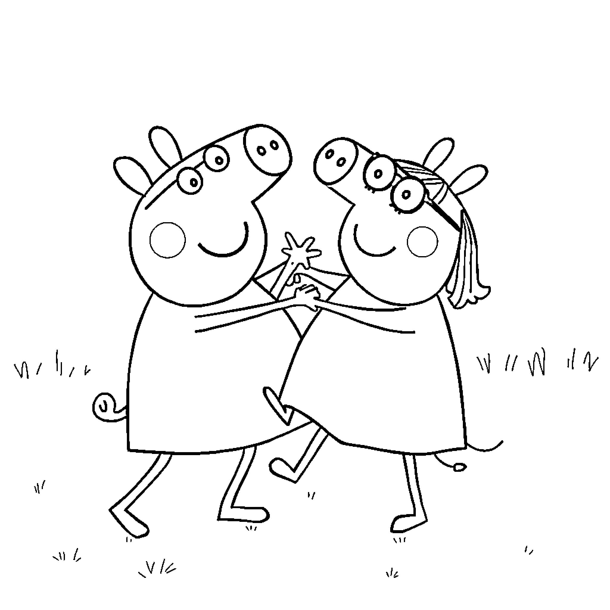 Peppa and friend playing happily together Coloring Page (free black-and-white line drawing printable PDF for all, from beginners to advanced learners, including children, teens, adults, and seniors)
