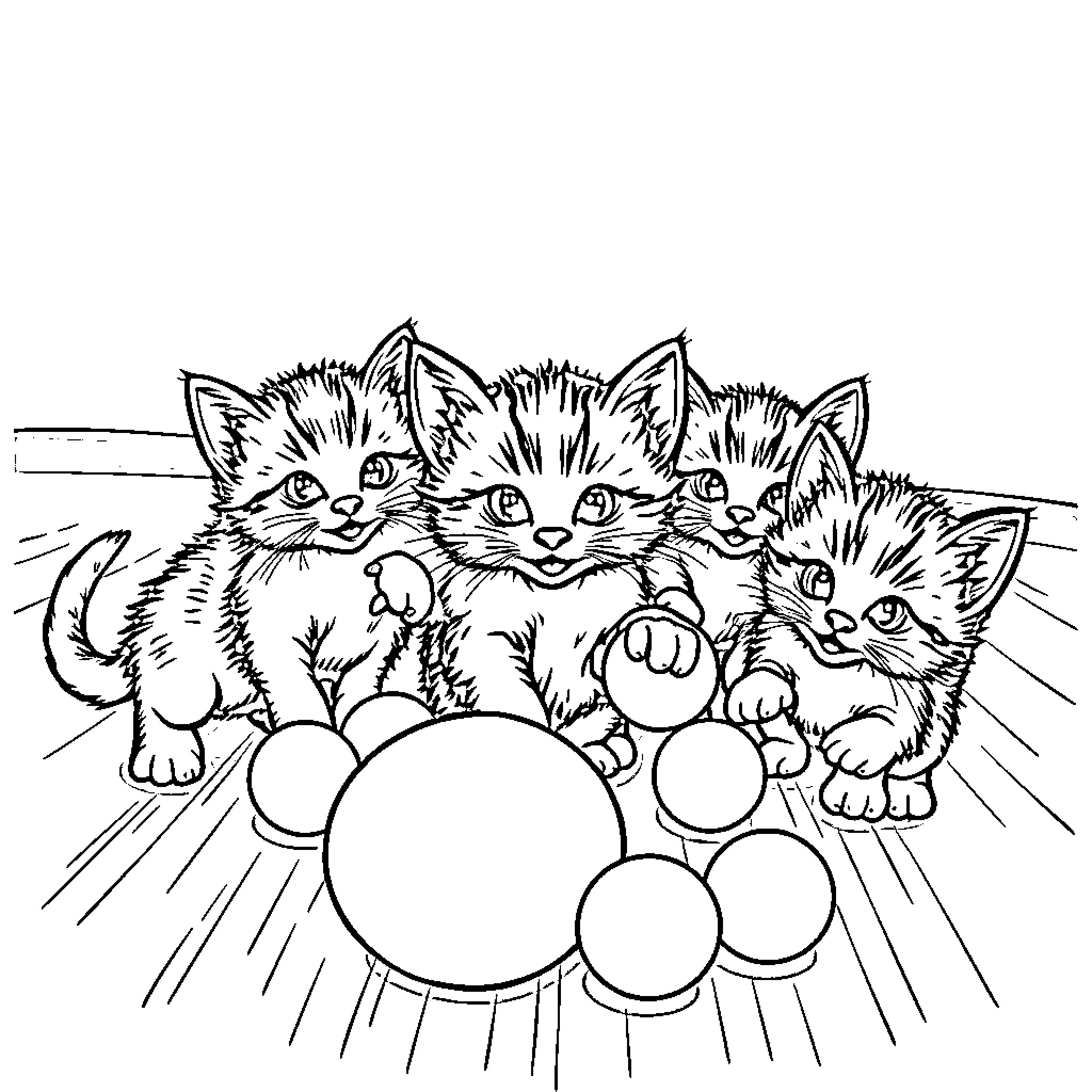 Kitty Kittens Cuddling Playfully in Blanket Coloring Page (free black-and-white line drawing printable PDF for all, from beginners to advanced learners, including children, teens, adults, and seniors)