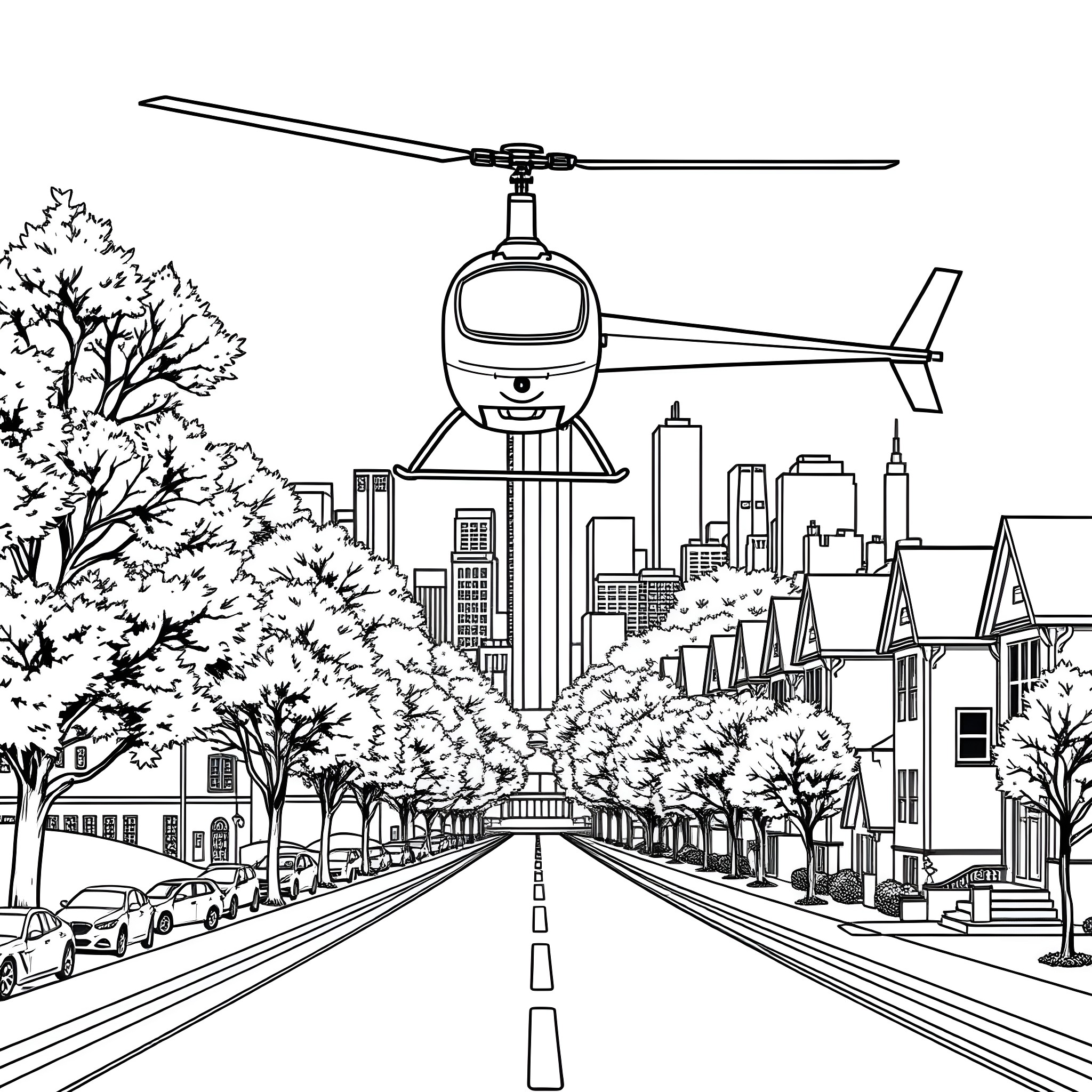 Helicopter flying over city landscape Coloring Page (free black-and-white line drawing printable PDF for all, from beginners to advanced learners, including children, teens, adults, and seniors)