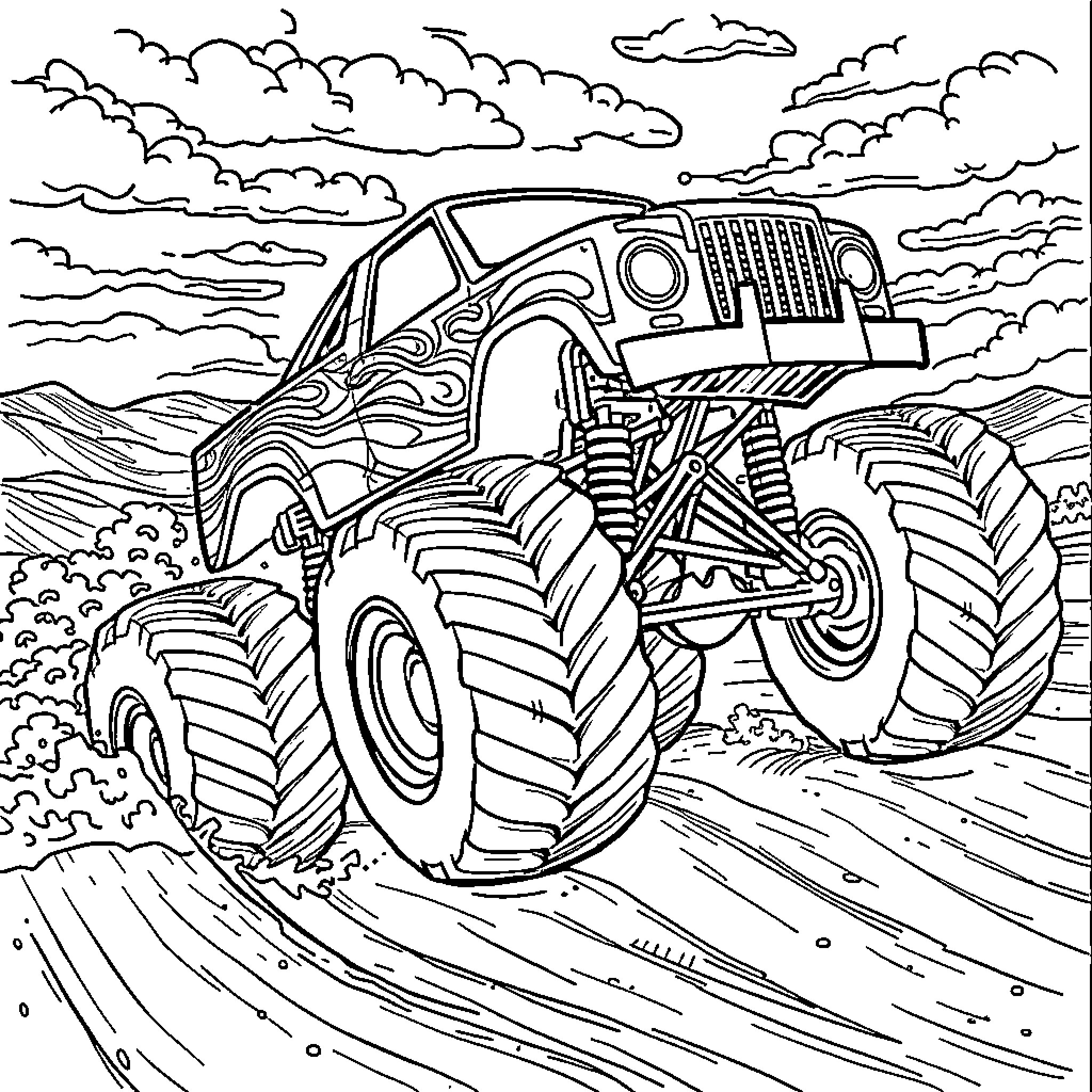 Monster Truck Racing Through the Rugged Terrain Coloring Page (free black-and-white line drawing printable PDF for all, from beginners to advanced learners, including children, teens, adults, and seniors)