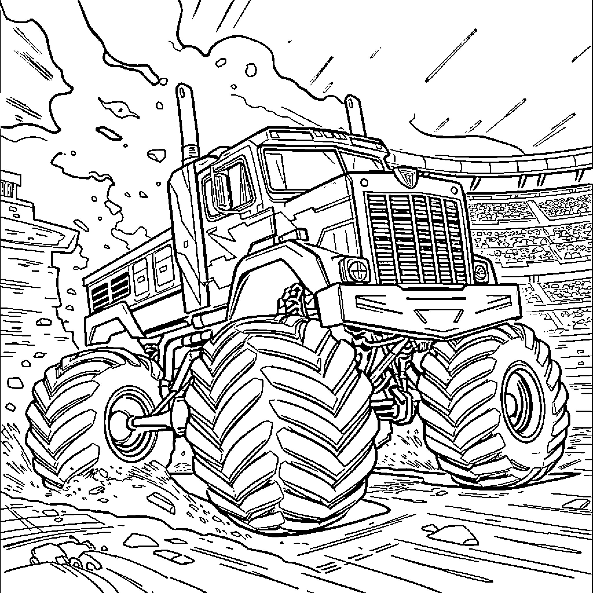 Optimus Prime Monster Truck in Rugged Terrain Coloring Page (free black-and-white line drawing printable PDF for all, from beginners to advanced learners, including children, teens, adults, and seniors)