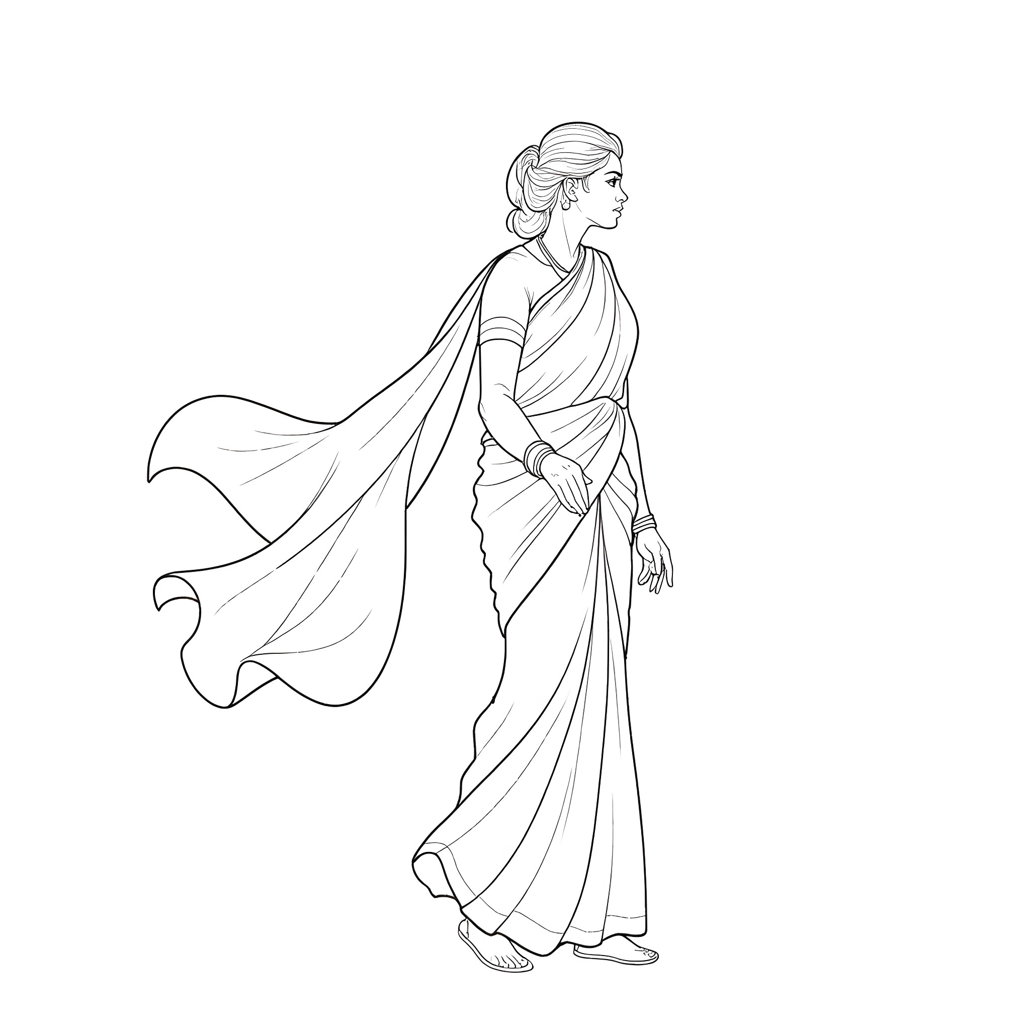 Woman in traditional Indian attire Coloring Page (free black-and-white line drawing printable PDF for all, from beginners to advanced learners, including children, teens, adults, and seniors)