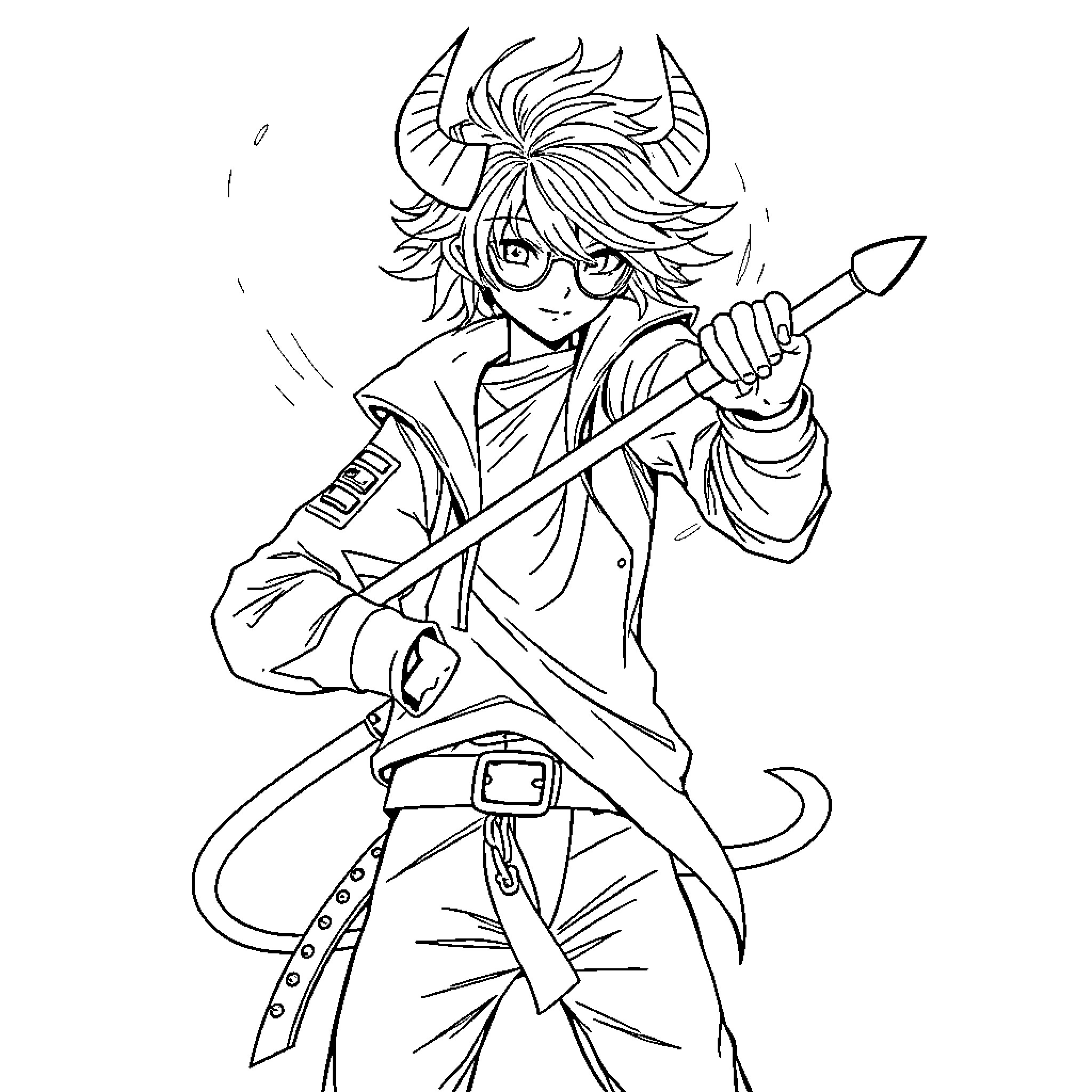 Kpop Demon Hunter Battles Fiercely with Sword Coloring Page (free black-and-white line drawing printable PDF for all, from beginners to advanced learners, including children, teens, adults, and seniors)