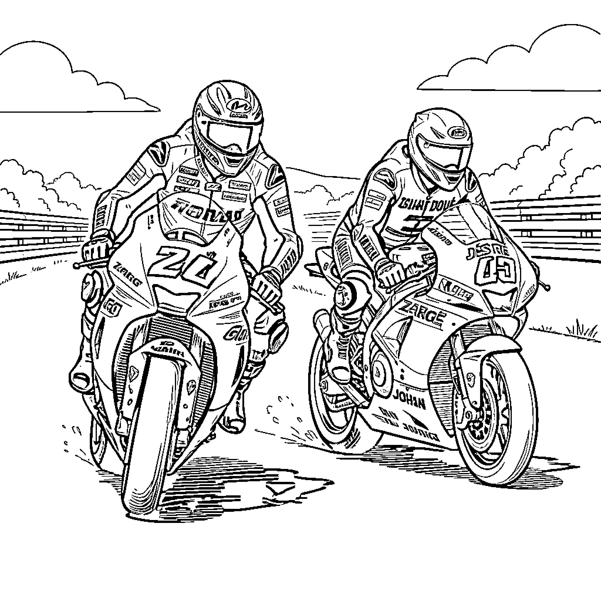 Johan Zarco racing motorcycles on a track Coloring Page (free black-and-white line drawing printable PDF for all, from beginners to advanced learners, including children, teens, adults, and seniors)