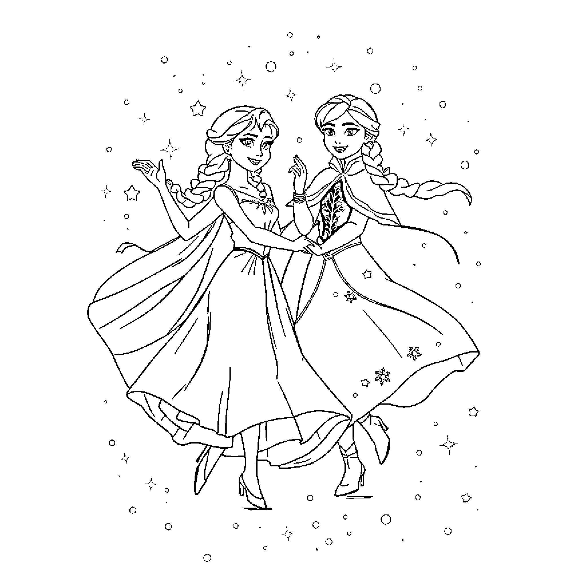 Elsa and Anna dancing joyfully in the starry night Coloring Page (free black-and-white line drawing printable PDF for all, from beginners to advanced learners, including children, teens, adults, and seniors)