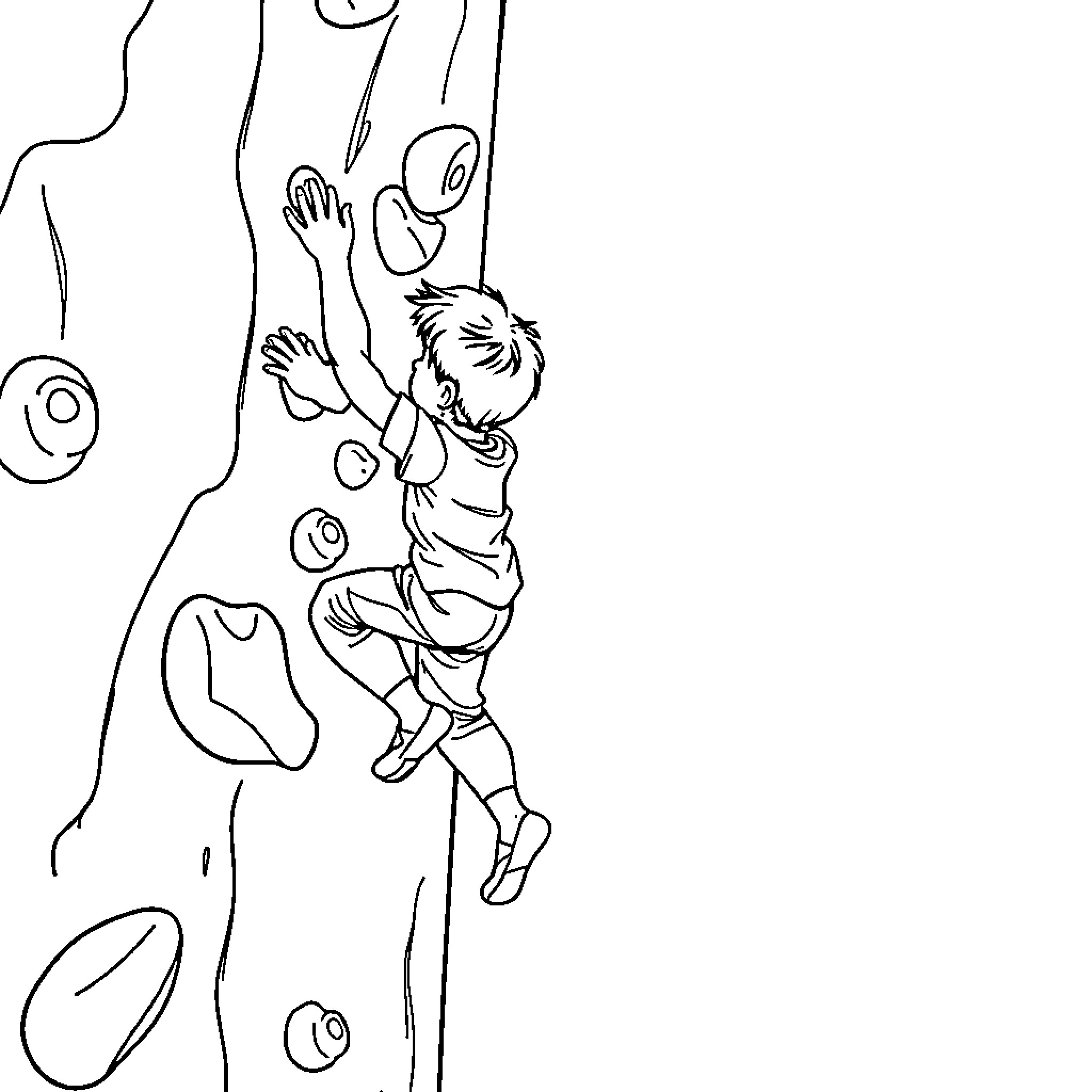 Boy climbing rock wall in adventure scene Coloring Page (free black-and-white line drawing printable PDF for all, from beginners to advanced learners, including children, teens, adults, and seniors)