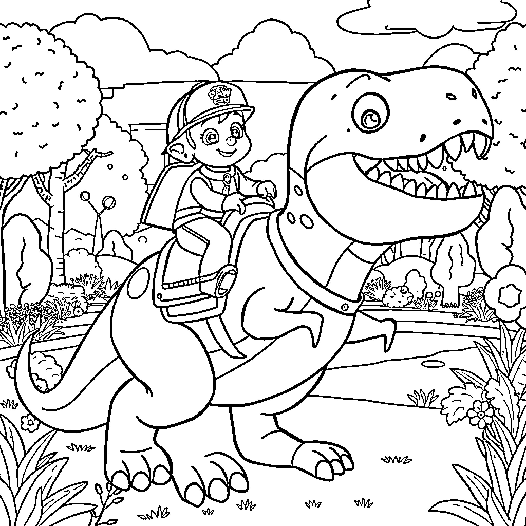 Marshal Riding a Fearsome Dinosaur in the Wilderness Coloring Page (free black-and-white line drawing printable PDF for all, from beginners to advanced learners, including children, teens, adults, and seniors)