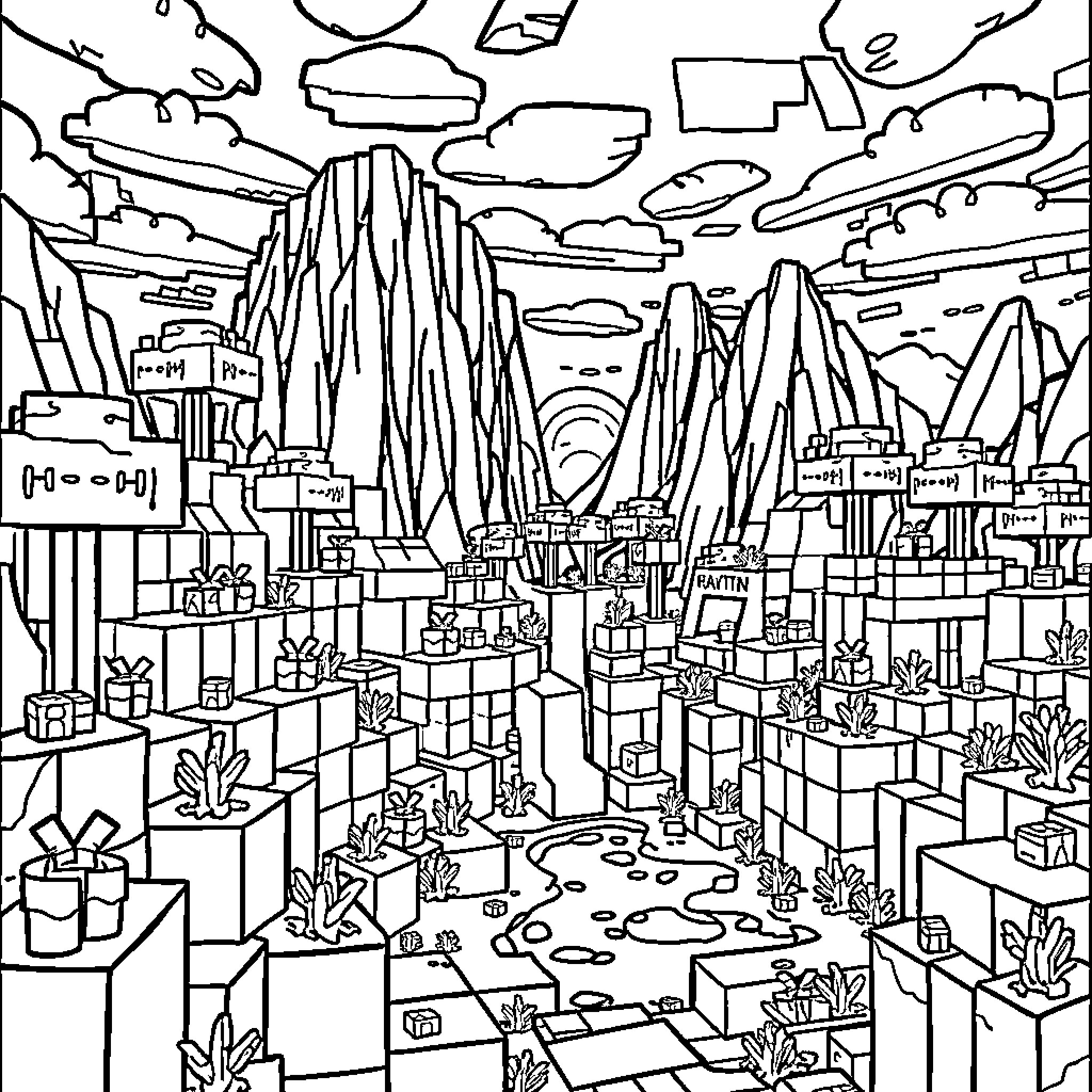 Mine Craft Imagination: Surreal Landscape with Geometric Structures Coloring Page (free black-and-white line drawing printable PDF for all, from beginners to advanced learners, including children, teens, adults, and seniors)