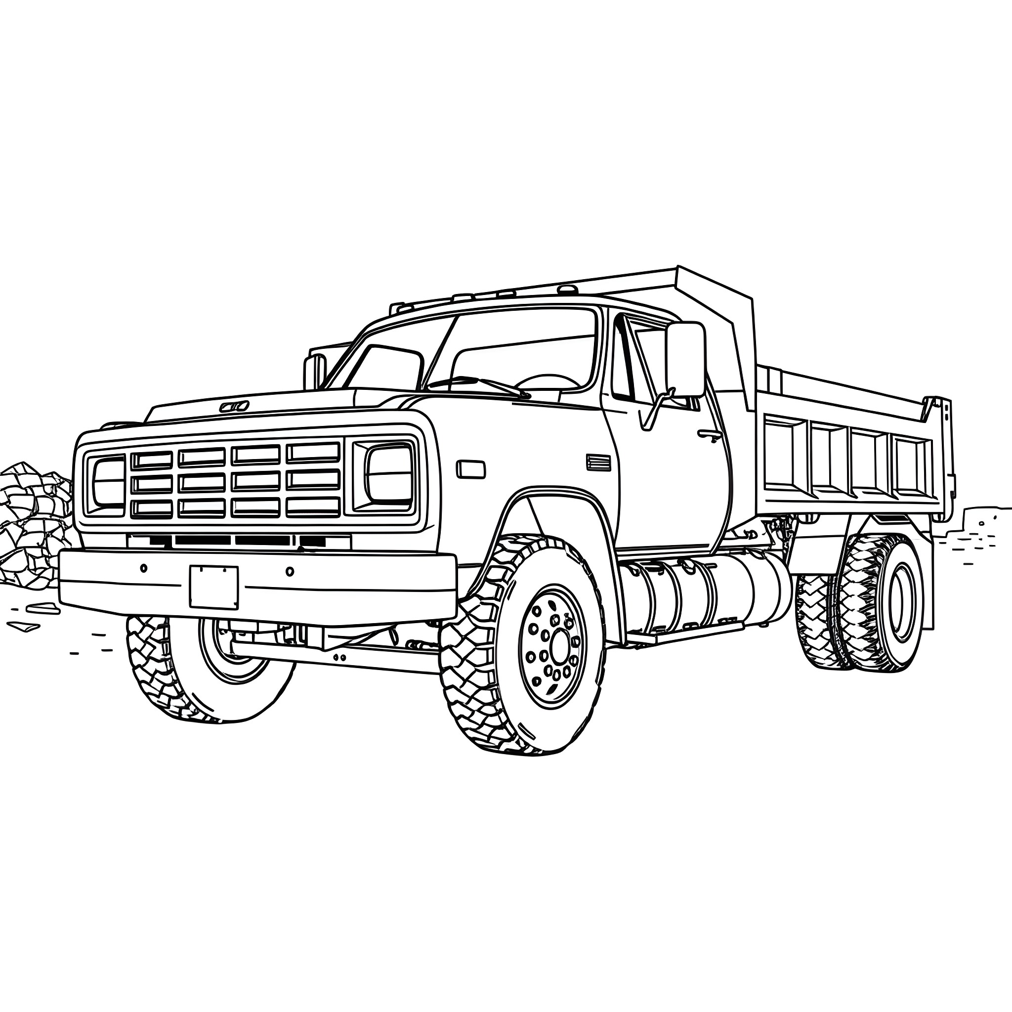 Dodge Dump Truck on Construction Site Coloring Page (free black-and-white line drawing printable PDF for all, from beginners to advanced learners, including children, teens, adults, and seniors)