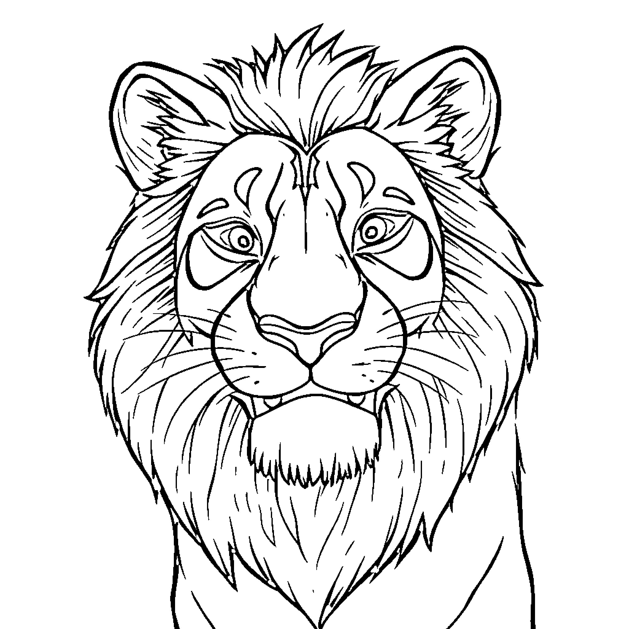 Lion staring intently with fierce expression Coloring Page (free black-and-white line drawing printable PDF for all, from beginners to advanced learners, including children, teens, adults, and seniors)