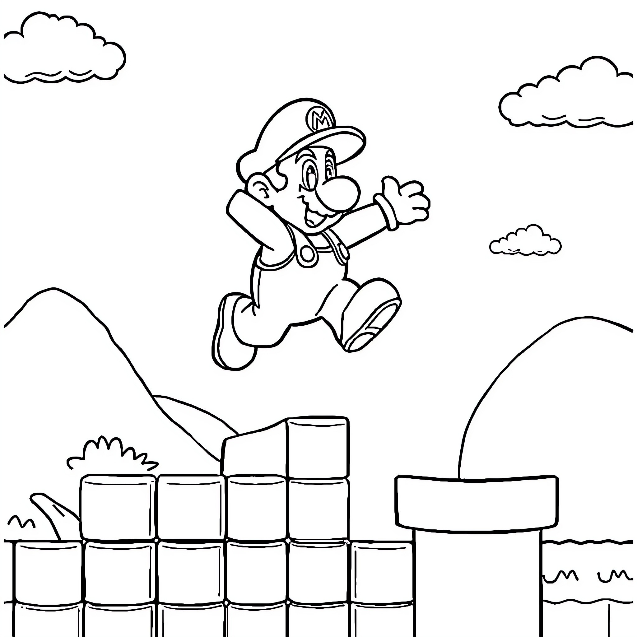 Mario jumping happily in the game environment Coloring Page (free black-and-white line drawing printable PDF for all, from beginners to advanced learners, including children, teens, adults, and seniors)