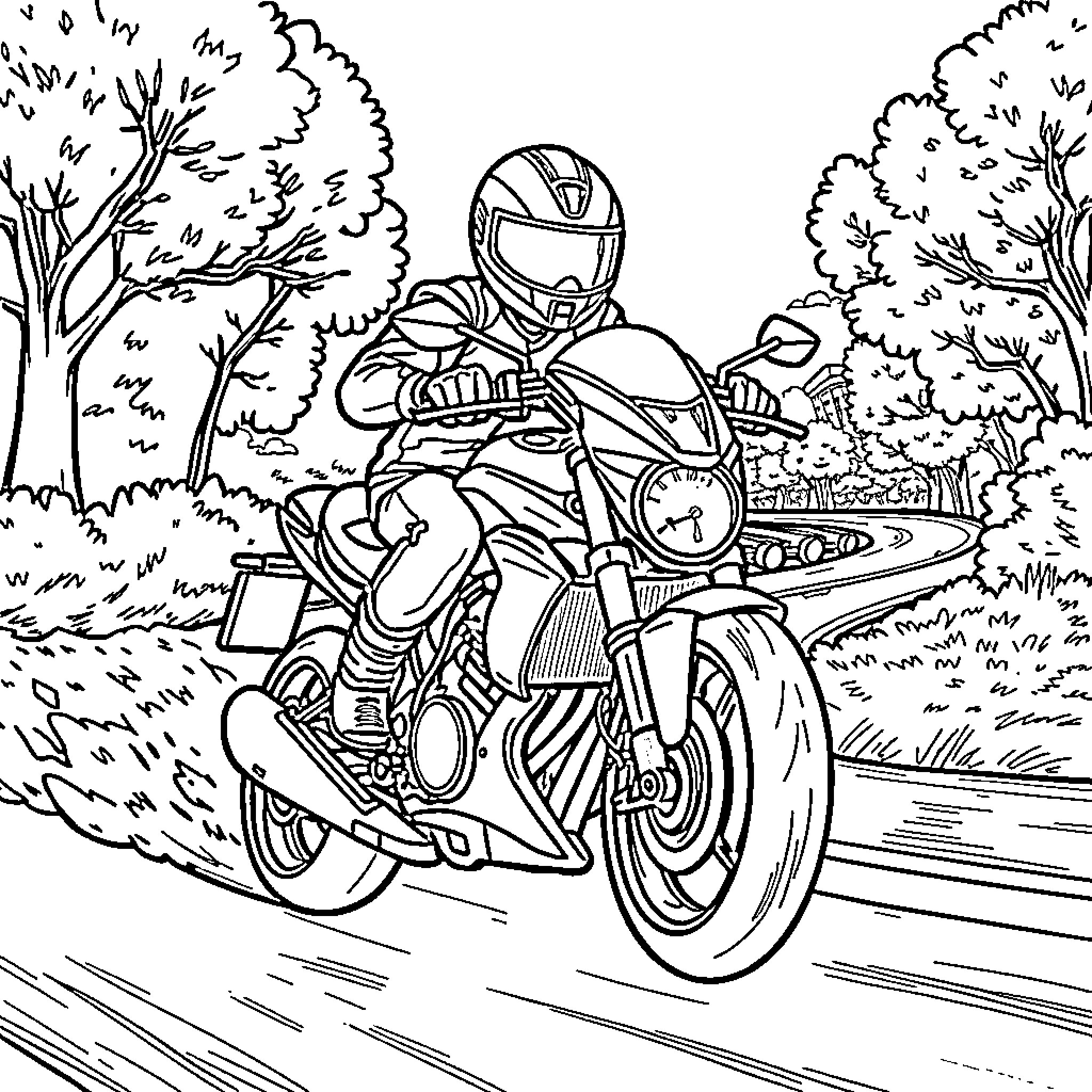 Jax enjoying the thrill of motorcycle ride through nature Coloring Page (free black-and-white line drawing printable PDF for all, from beginners to advanced learners, including children, teens, adults, and seniors)