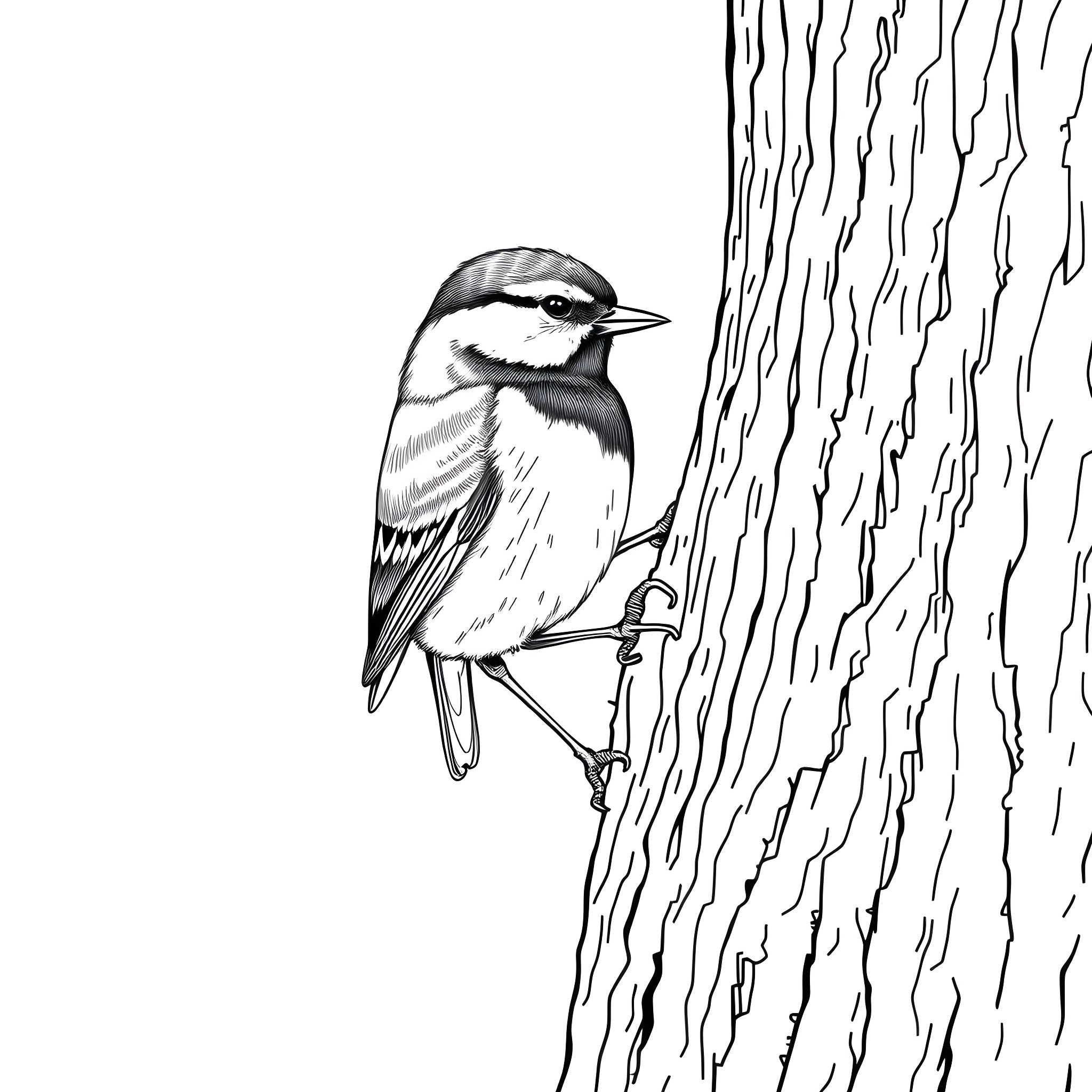 Great Tit perched on a tree trunk Coloring Page (free black-and-white line drawing printable PDF for all, from beginners to advanced learners, including children, teens, adults, and seniors)