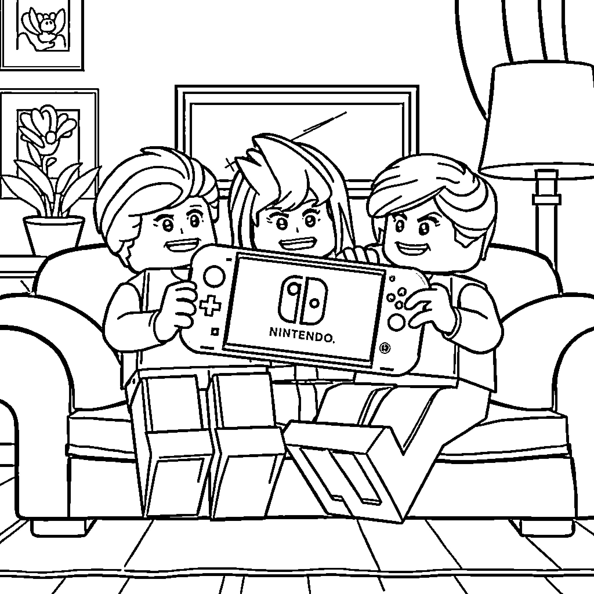 Lego Friends Playing Video Games on the Couch Coloring Page (free black-and-white line drawing printable PDF for all, from beginners to advanced learners, including children, teens, adults, and seniors)