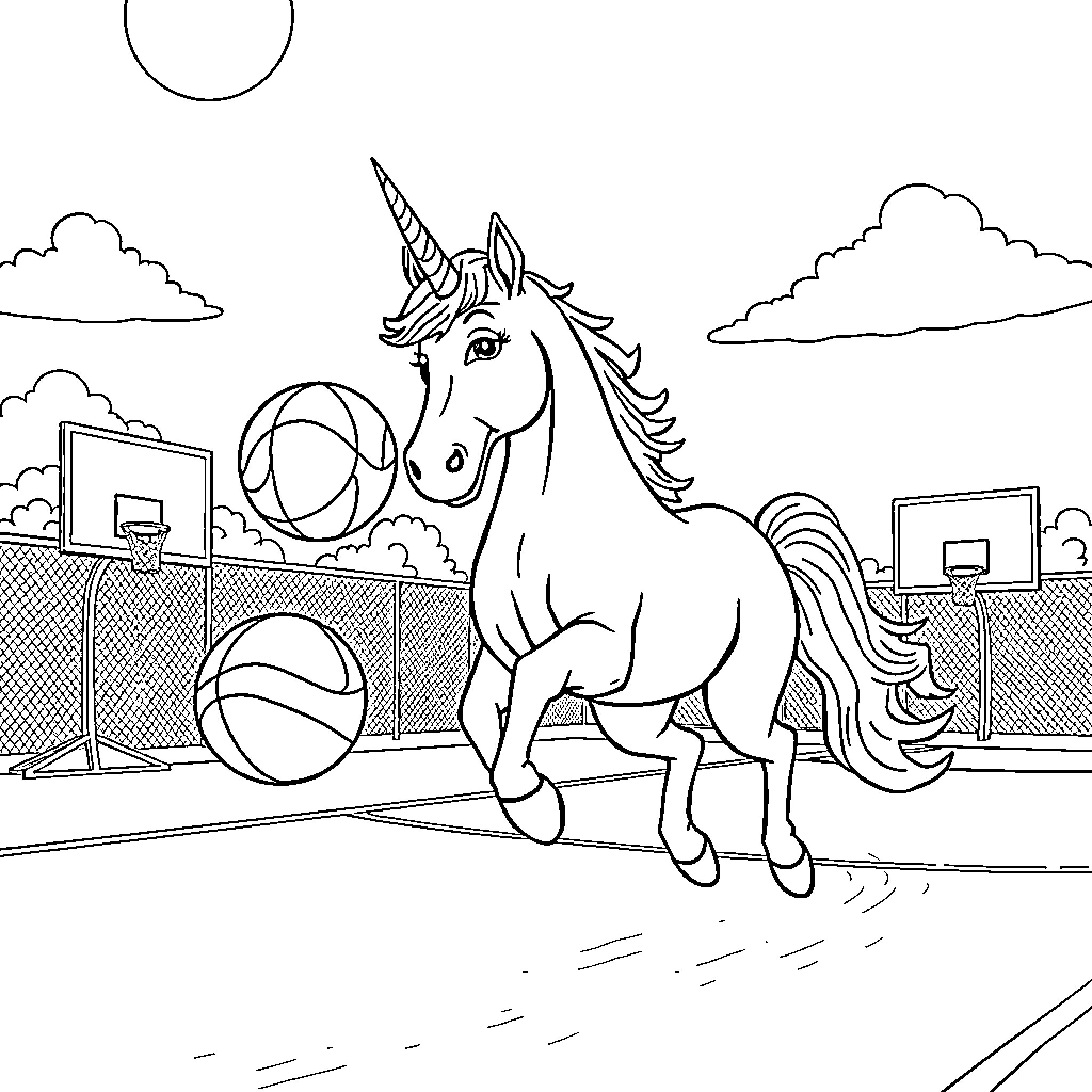 Unicorn playing joyfully with basketballs on the court Coloring Page (free black-and-white line drawing printable PDF for all, from beginners to advanced learners, including children, teens, adults, and seniors)