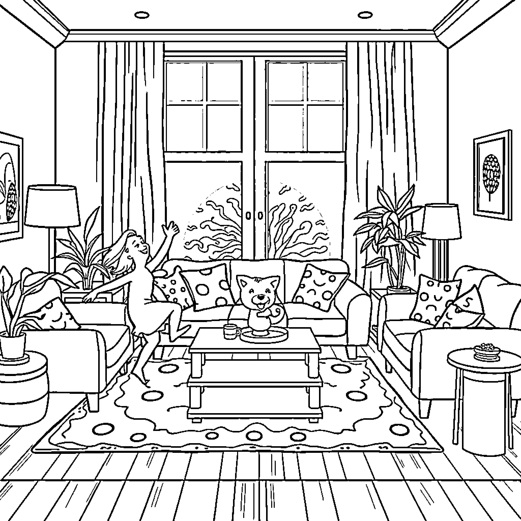Furniture in a cozy home setting Coloring Page (free black-and-white line drawing printable PDF for all, from beginners to advanced learners, including children, teens, adults, and seniors)