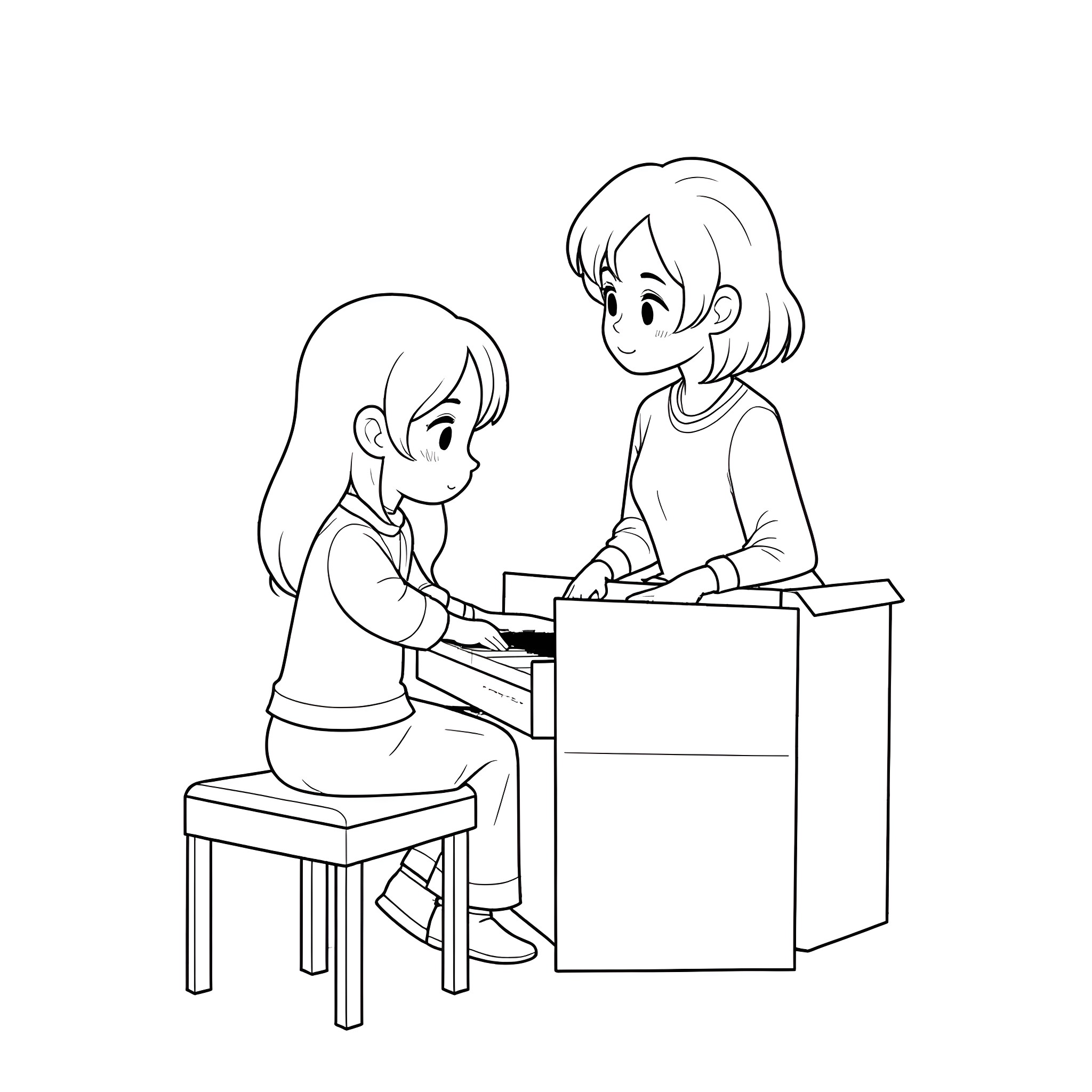 Nezuko helping a friend with homework Coloring Page (free black-and-white line drawing printable PDF for all, from beginners to advanced learners, including children, teens, adults, and seniors)