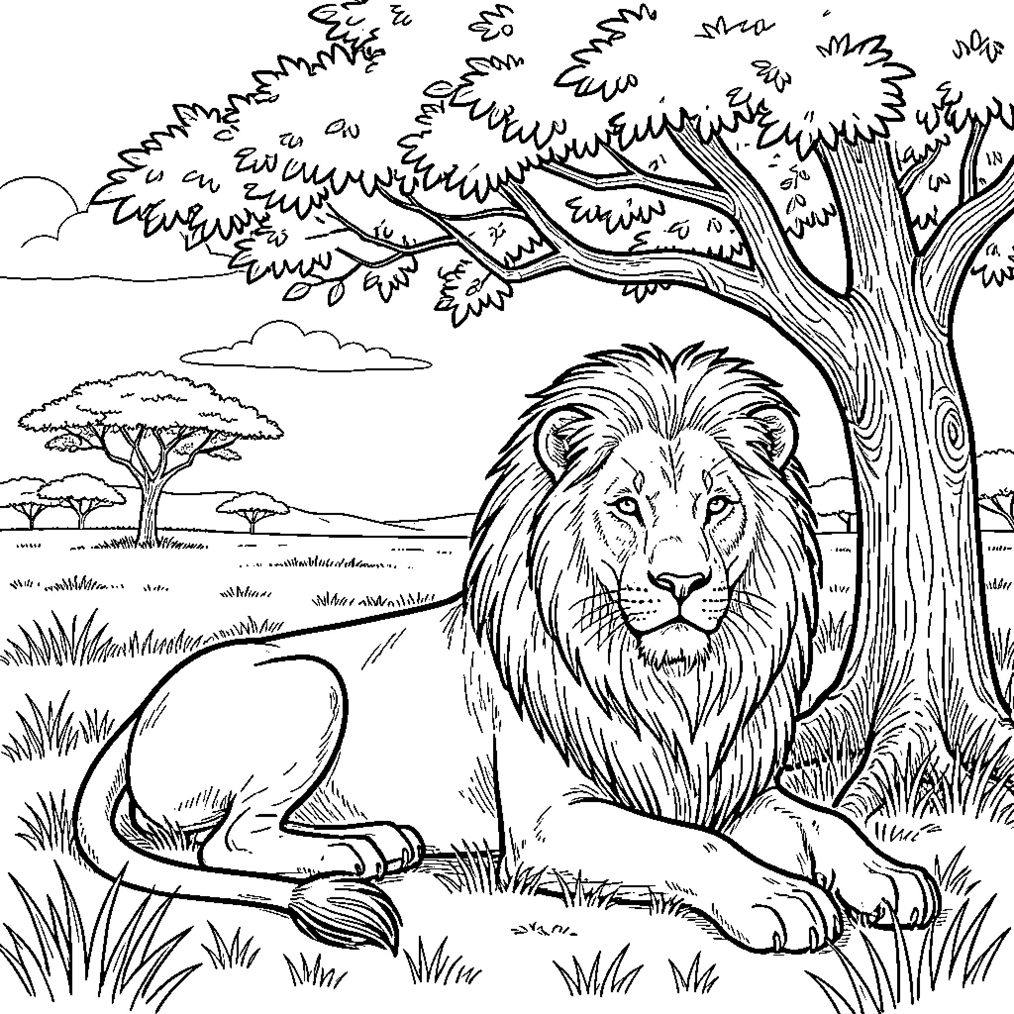 Lion resting in the wild savanna landscape Coloring Page (free black-and-white line drawing printable PDF for all, from beginners to advanced learners, including children, teens, adults, and seniors)