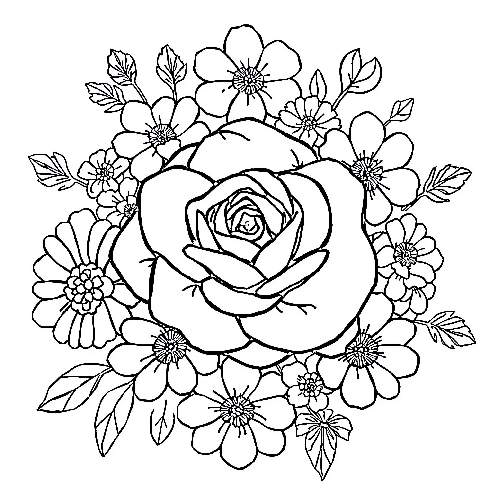 Rosy floral bouquet in bloom Coloring Page (free black-and-white line drawing printable PDF for all, from beginners to advanced learners, including children, teens, adults, and seniors)