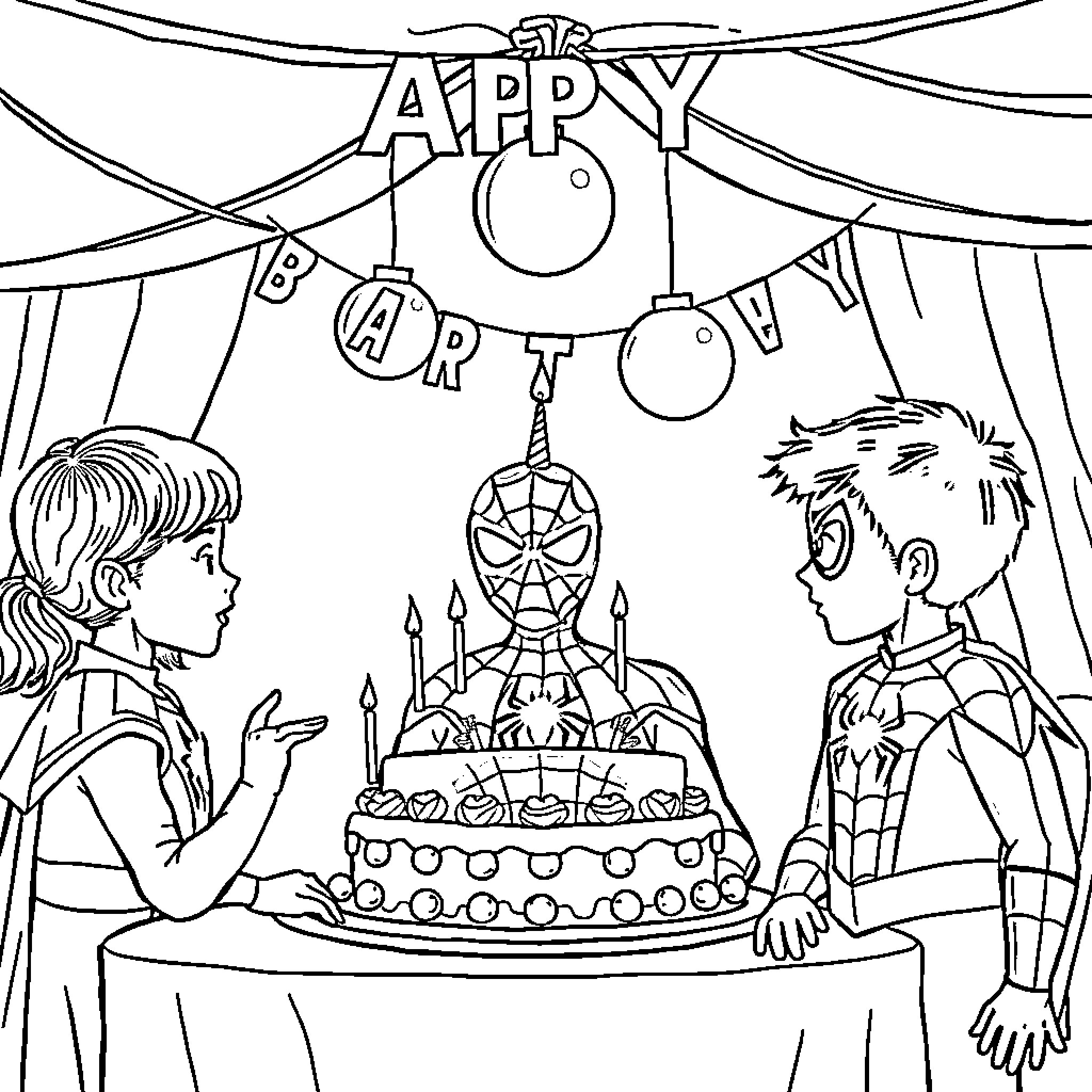Spider-Man's Birthday Party Celebration Coloring Page (free black-and-white line drawing printable PDF for all, from beginners to advanced learners, including children, teens, adults, and seniors)