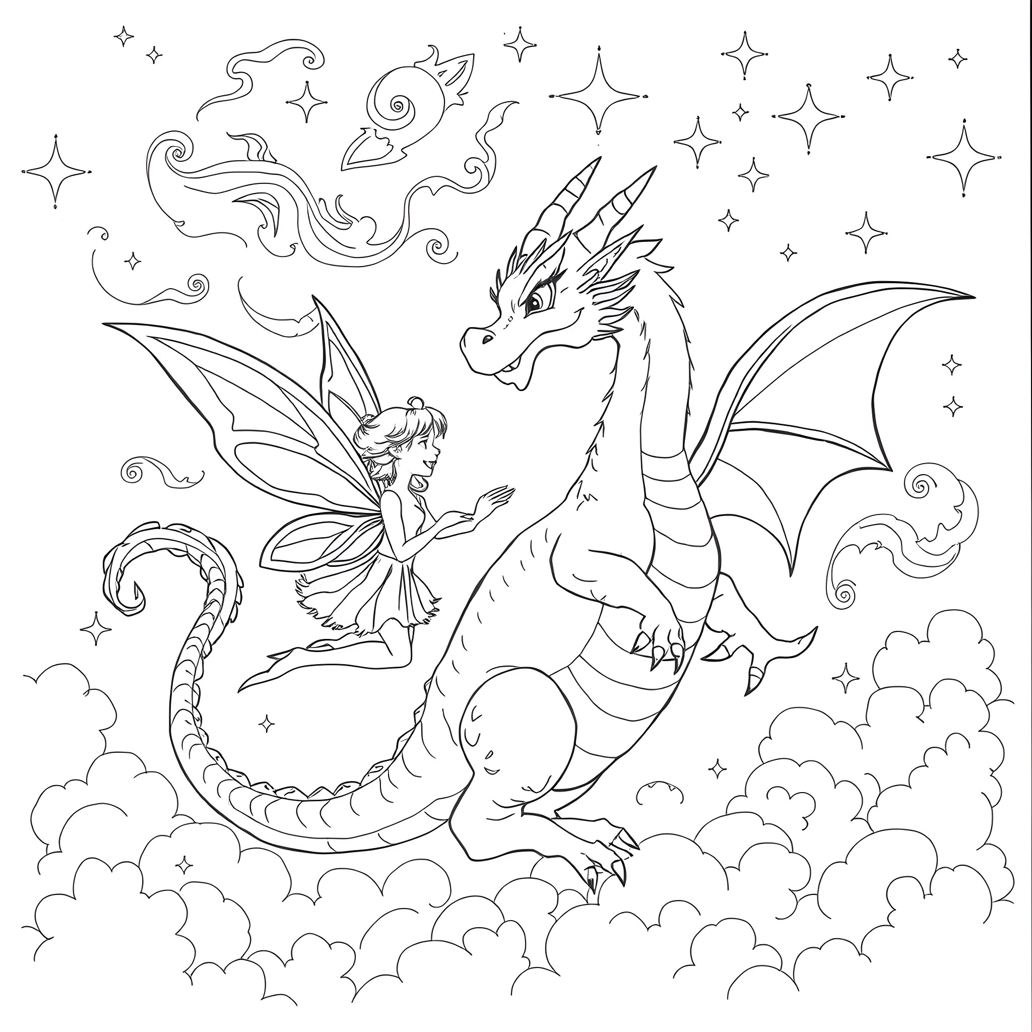 Fairy dragon and fairy dancing in the starry night sky Coloring Page (free black-and-white line drawing printable PDF for all, from beginners to advanced learners, including children, teens, adults, and seniors)