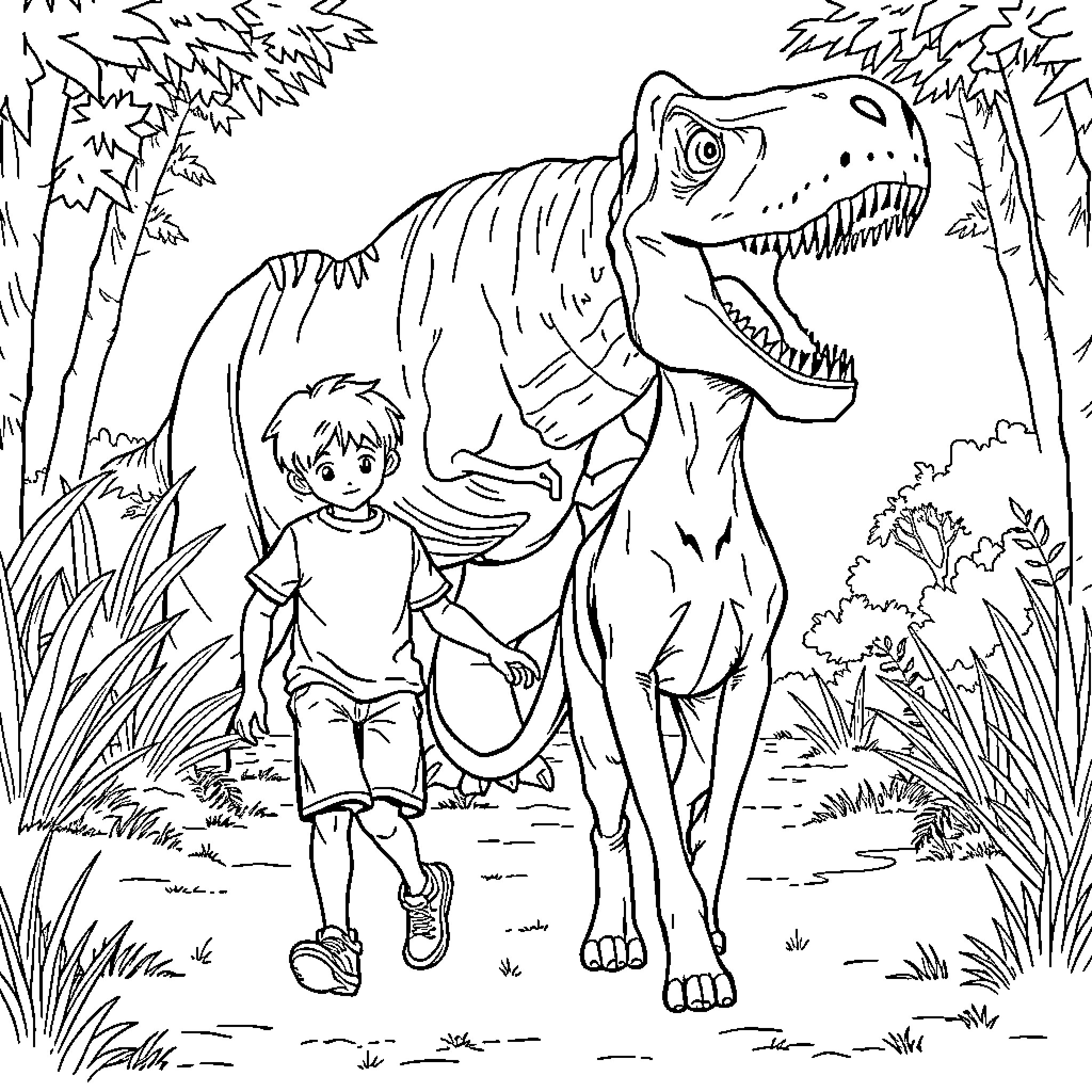 Boy explores the jungle with a friendly dinosaur Coloring Page (free black-and-white line drawing printable PDF for all, from beginners to advanced learners, including children, teens, adults, and seniors)