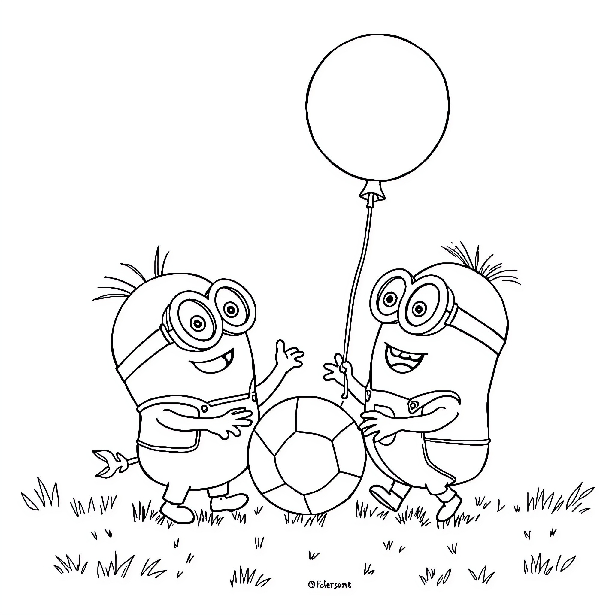 Smurf characters playing with a balloon Coloring Page (free black-and-white line drawing printable PDF for all, from beginners to advanced learners, including children, teens, adults, and seniors)