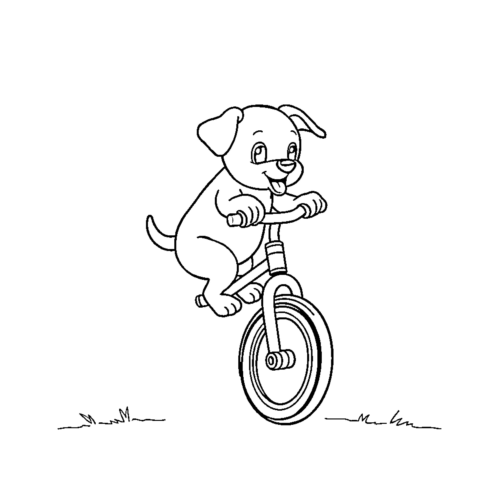 Puppy riding a unicycle Coloring Page (free black-and-white line drawing printable PDF for all, from beginners to advanced learners, including children, teens, adults, and seniors)