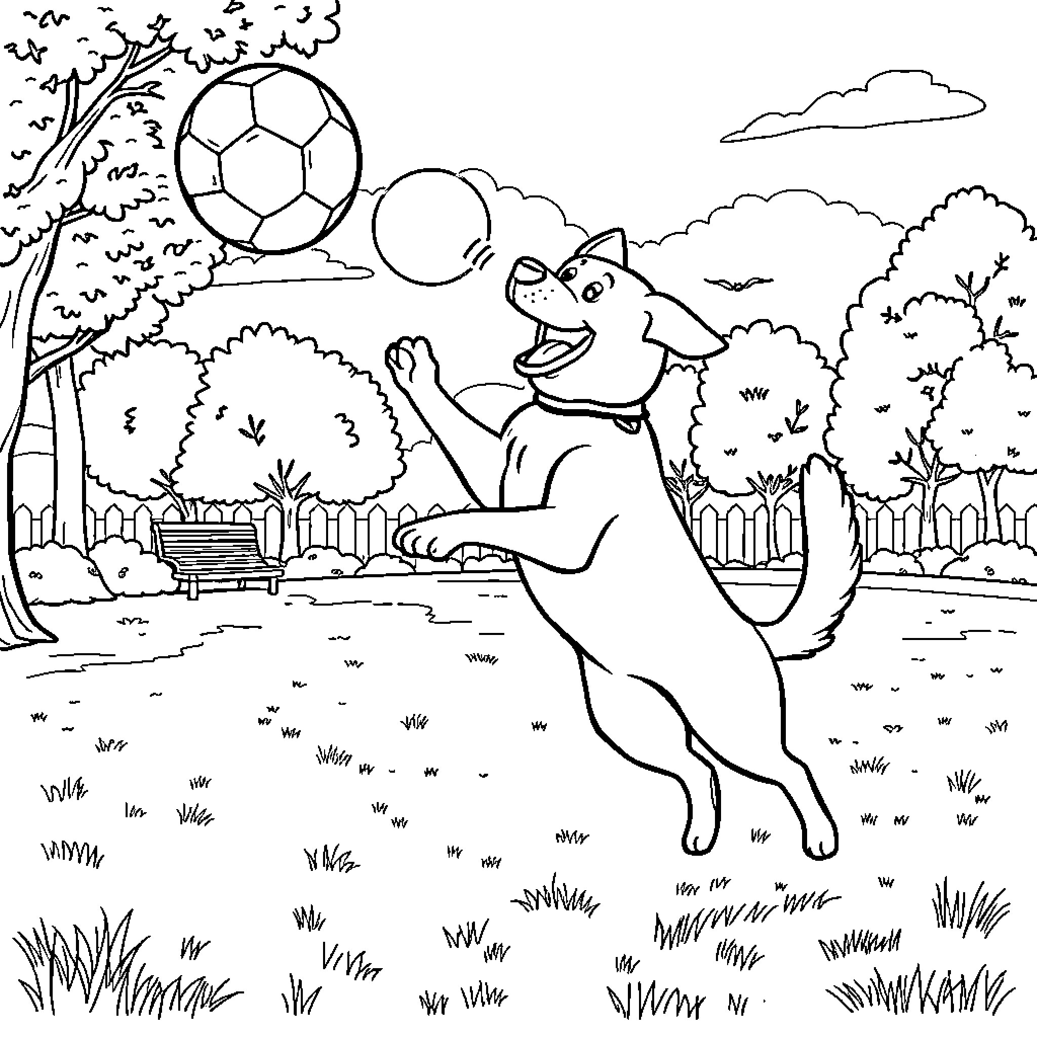 Dog chasing soccer ball in backyard Coloring Page (free black-and-white line drawing printable PDF for all, from beginners to advanced learners, including children, teens, adults, and seniors)