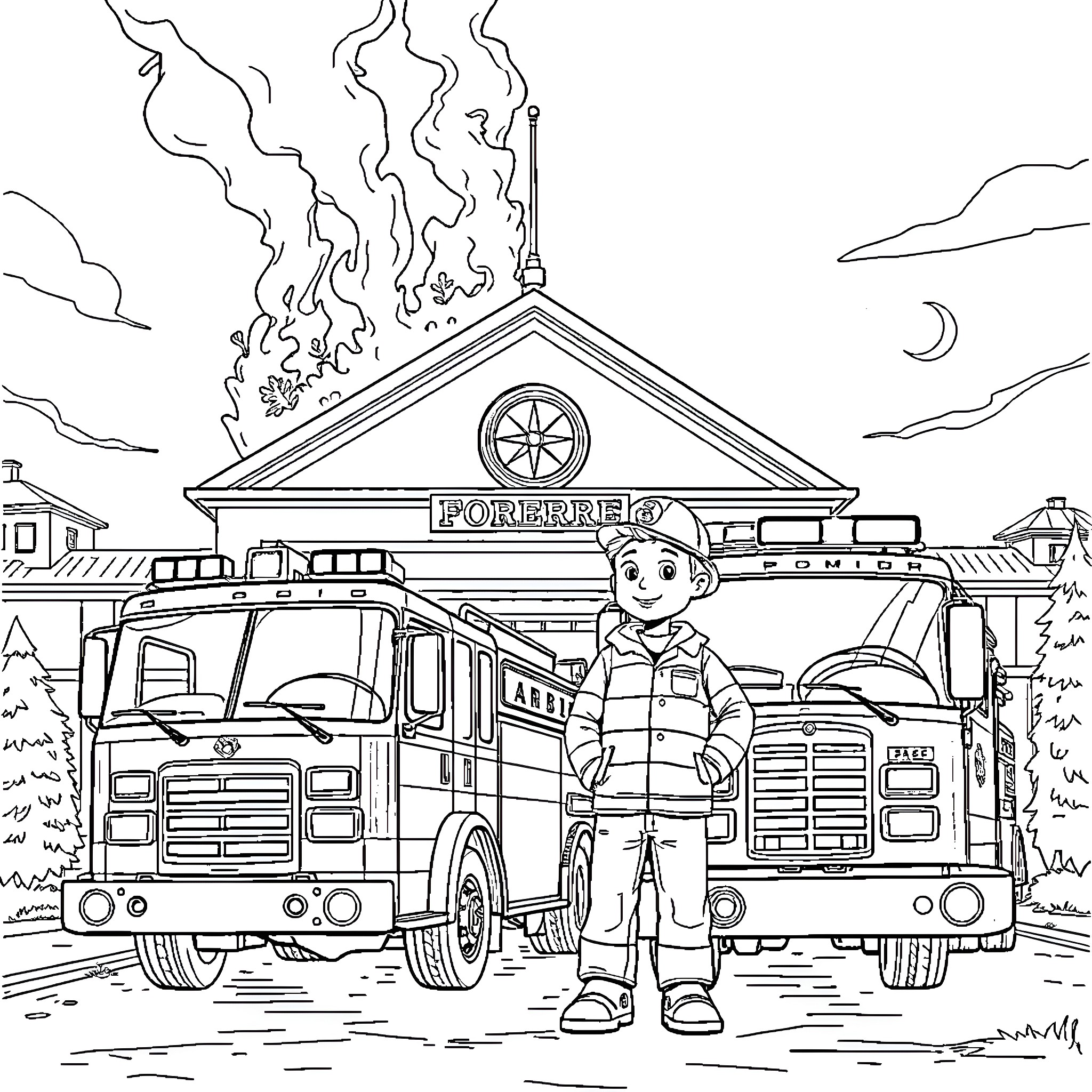 Chase the Brave Firefighter Protecting the Town Coloring Page (free black-and-white line drawing printable PDF for all, from beginners to advanced learners, including children, teens, adults, and seniors)