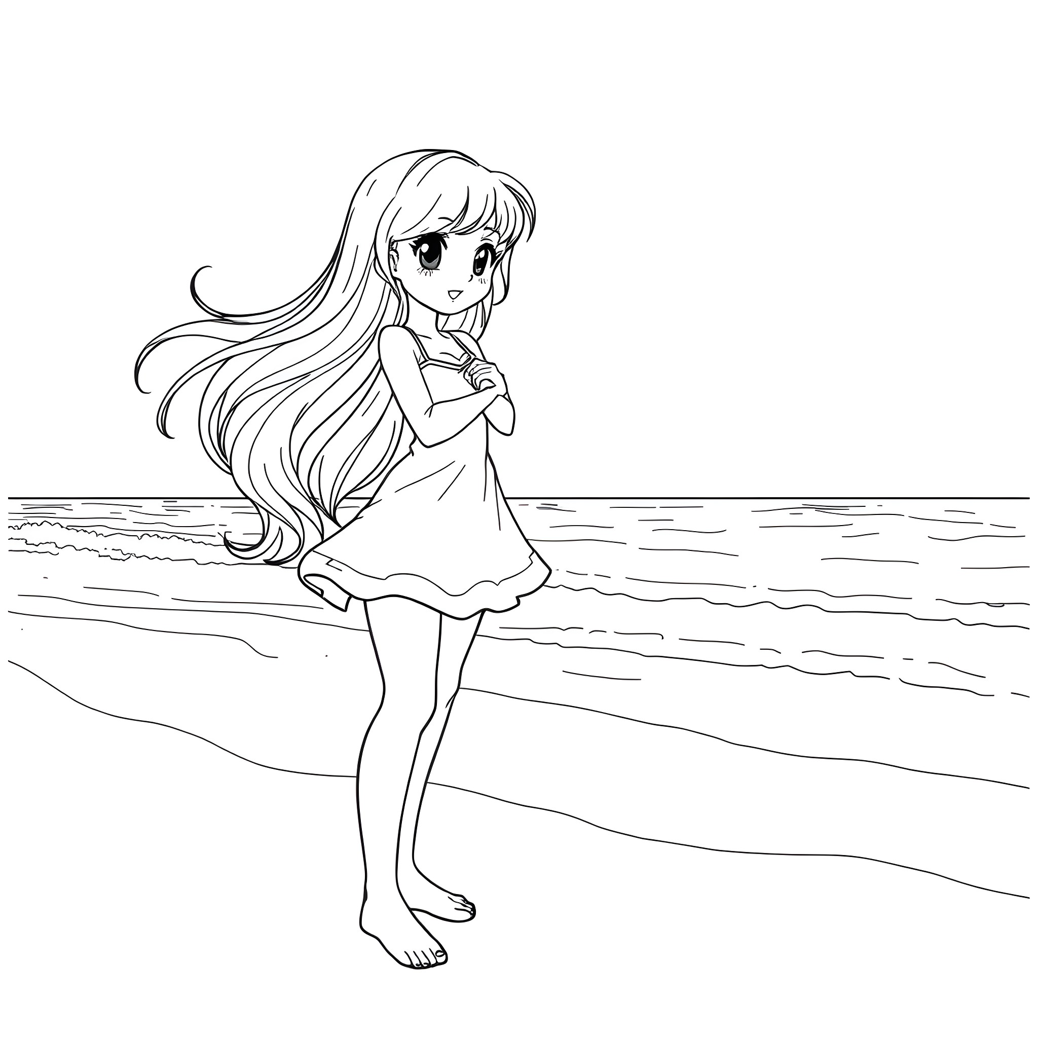 Lucy Heartfilia enjoying a serene beach moment Coloring Page (free black-and-white line drawing printable PDF for all, from beginners to advanced learners, including children, teens, adults, and seniors)